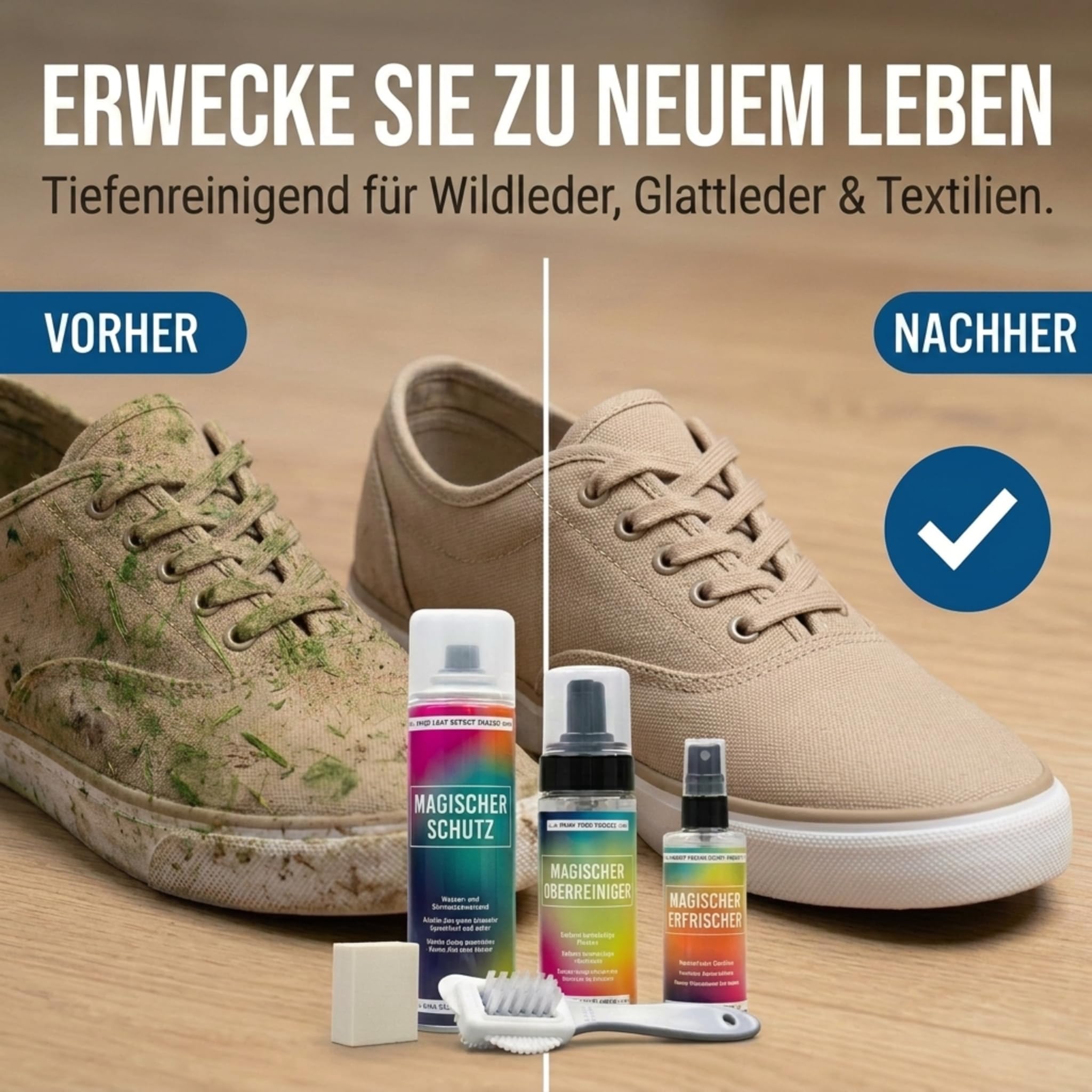 Bama Schuh Reinigungs- und Pflegeset 5-tlg. inkl. Reiniger, Imprägnierung, Schuh Deo, Bürste und Reinigungsgummi - für Stoff- und Lederschuhe