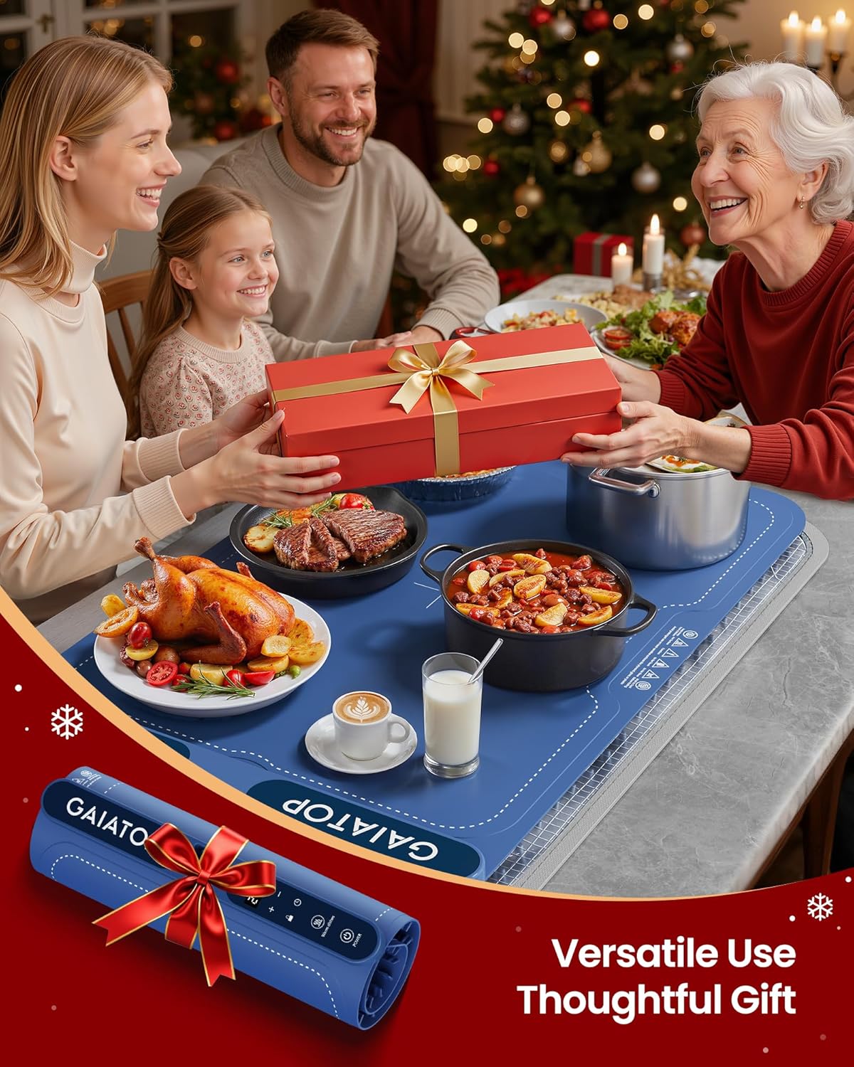 Gaiatop Food Warming Mat rolled up and stored in its bag