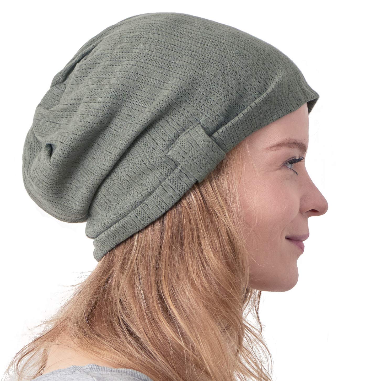 CHARM Slouchy Beanie for Women - Cute Cotton Slouch Hat, Chemo Headwear, Hair Cover Sleep Cap Winter Beanie Khaki