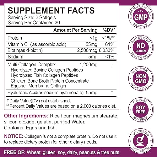 Miniatura 2 de Péptidos de colágeno múltiple para mujeres y hombres, tipo I, II, III, V, X, péptidos de colágeno hidrolizados con biotina, vitamina C y ácido