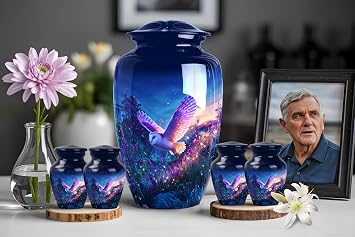 Full Cremation Urn Set Owl and Moon Design Large Urn with 4 Mini Keepsakes Night Forest Tribute 10-Inch + 3-Inch 5 Units