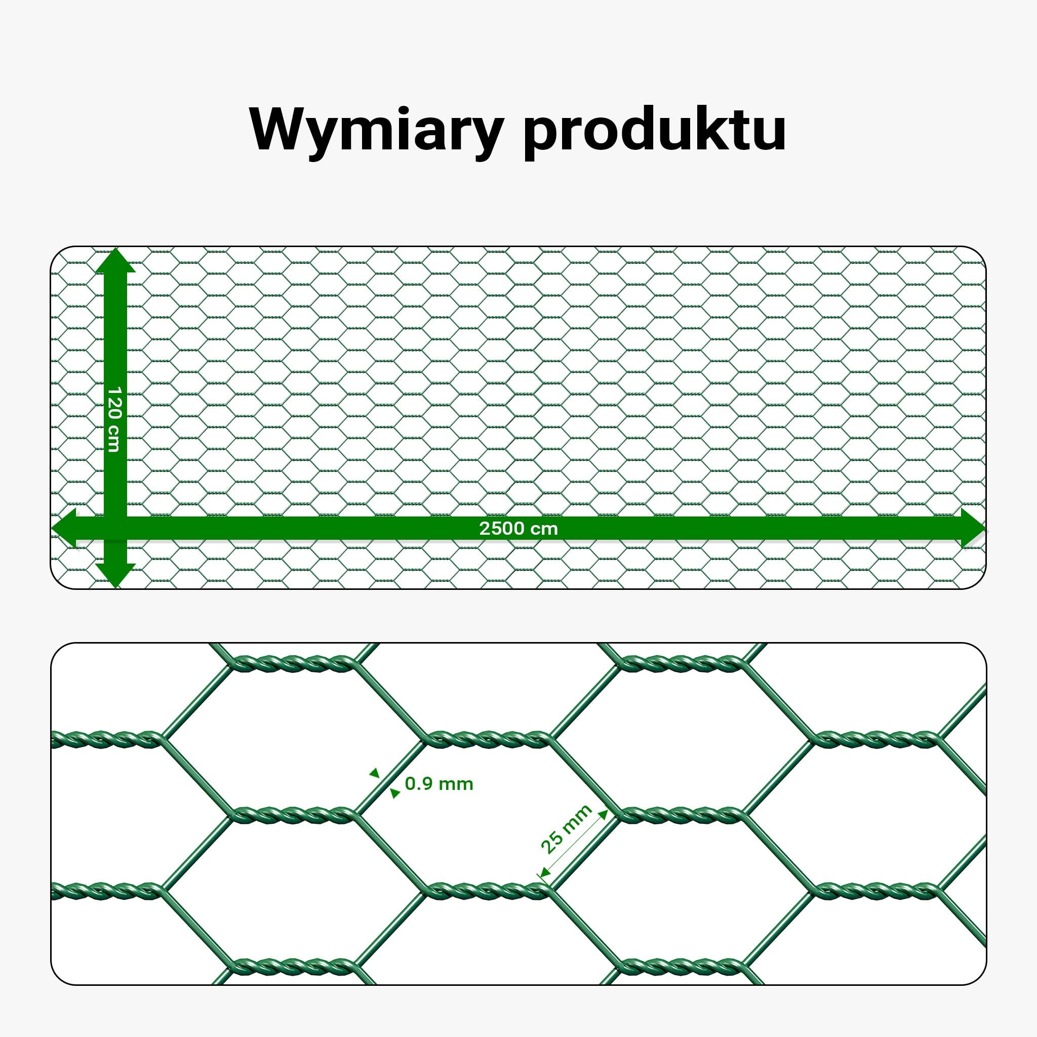 Wiltec Siatka ogrodzeniowa zielona 120 cm x 25 m, drut o grubości 0,9 mm, sześciokątne oczka 25 x 25 mm, siatka leśna hodowlana ze stali ocynkowanej