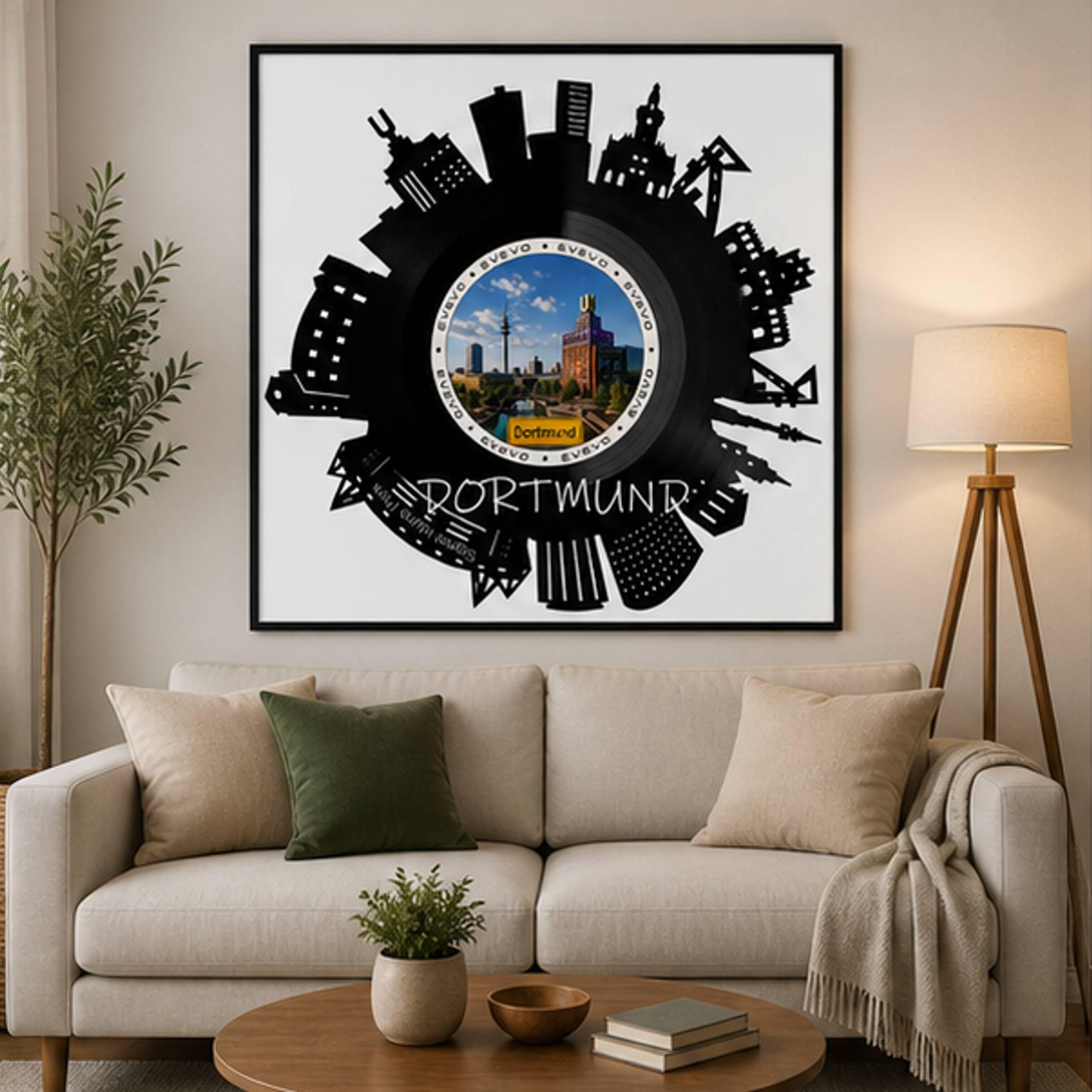 EVEVO Decorazione da parete in vinile con cornice, 32 x 32 cm, Dortmund – Decorazione da parete in vinile, motivo: Metropoli Ruhr Skyline di Dortmund, regalo per gli amanti del design