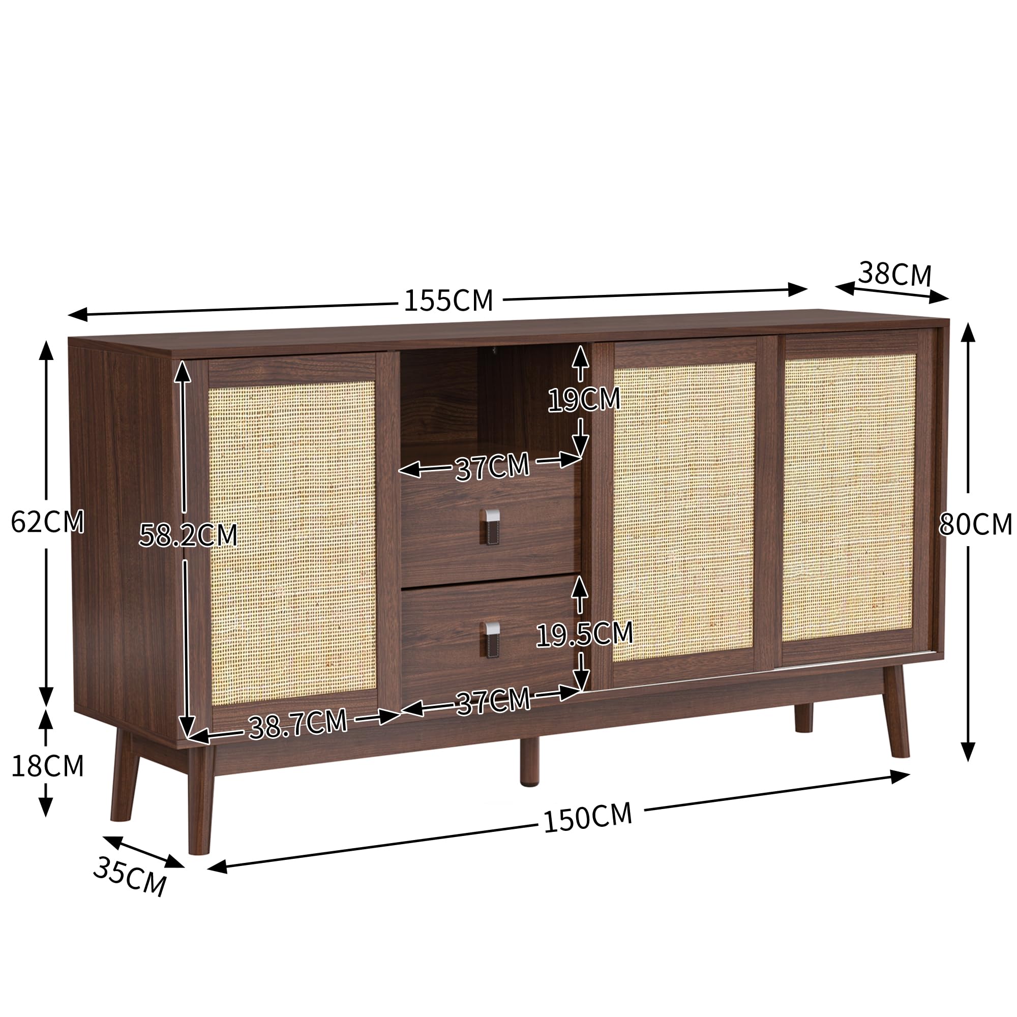 Sideboard 155x38x80 Cm Mit Rattan Schiebetüren 2 Schubladen Holzfüße Atmungsaktiv Stauraum Buffetschrank Anrichte Wohnzimmer Schrank Regal Mit Türen Für Flur Esszimmer
