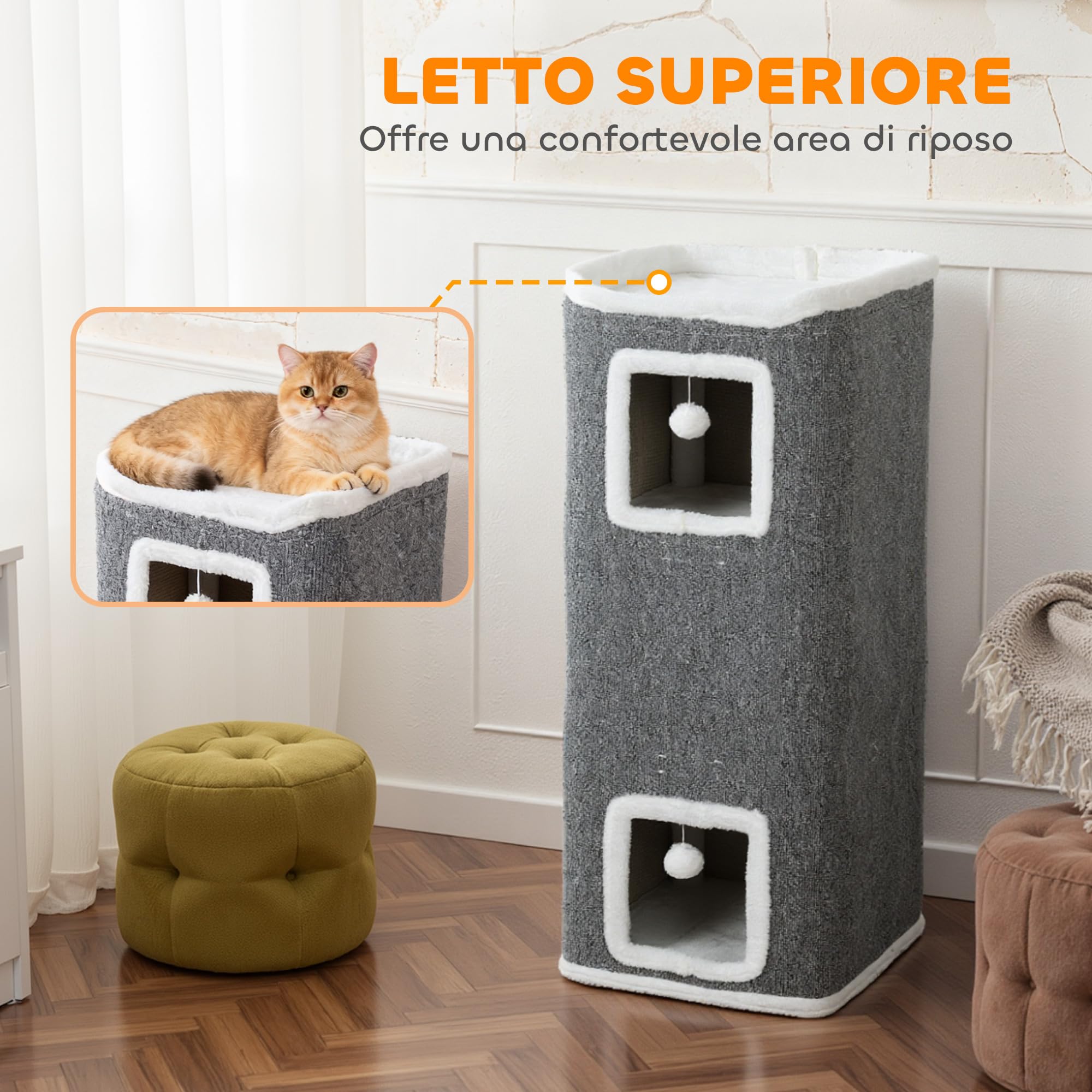 PawHut Torre per Gatti 4 Livelli 3 Casette 41x41x100 cm Grigio e Bianco | 3 Palline Giocattolo, Posatoio, Albero per Gatti, Tiragraffi, Truciolato Tessuto e Peluche