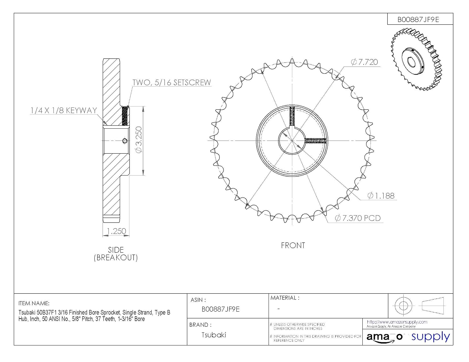 Tsubaki 50B37F-1C Finished Bore Sprocket, Single Strand, Inch, #50 ANSI No., 5/8" Pitch, 37 Teeth, 1-3/16" Bore