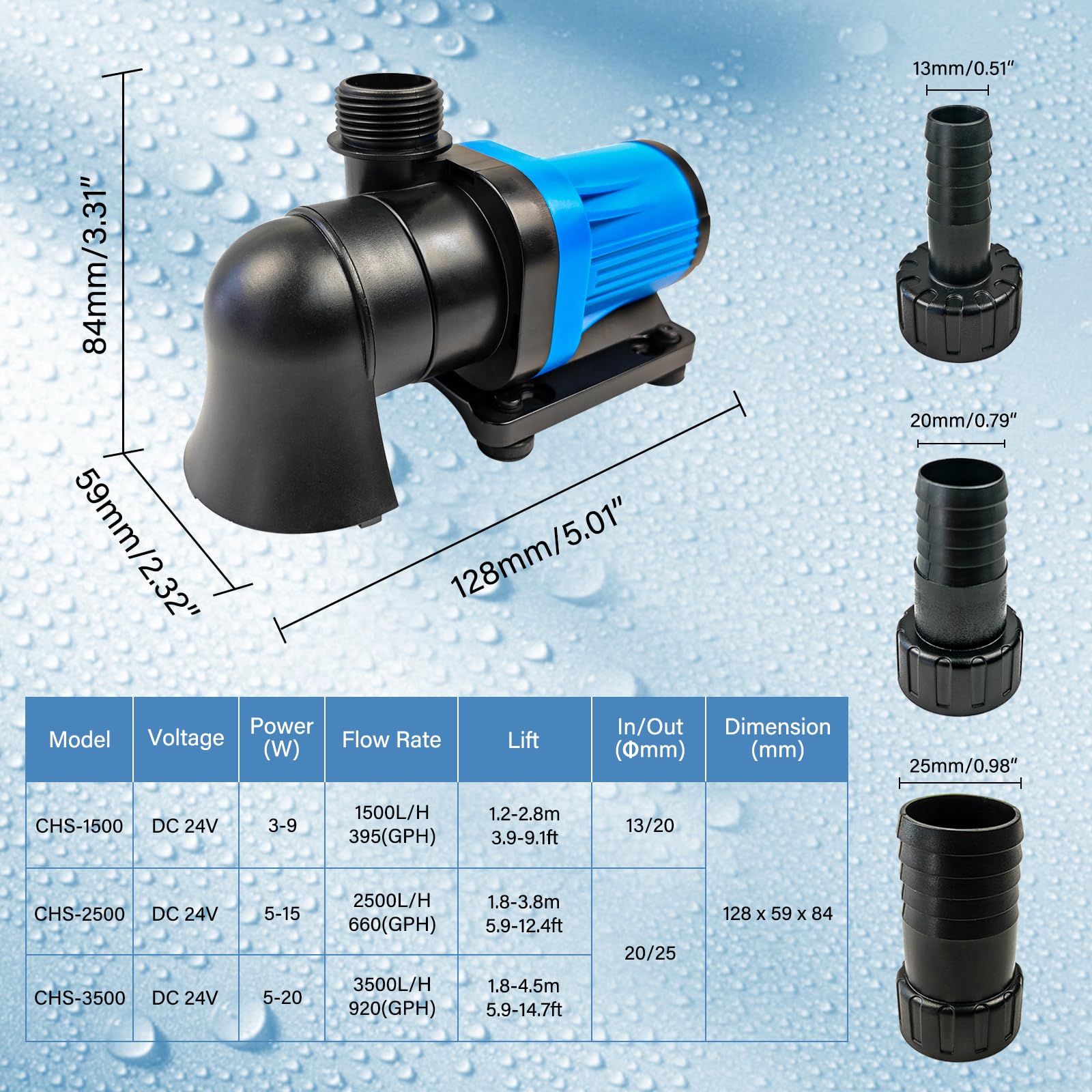 CONQUERALL CHS-3500 DC 24V DC 20W Pompa per acqua a flusso regolabile 920GPH(US) 14.7FT Pompa a ritorno controllato Adatto per idroponica, acquari, cascate, laghetti koi, allevamento koi, fontane
