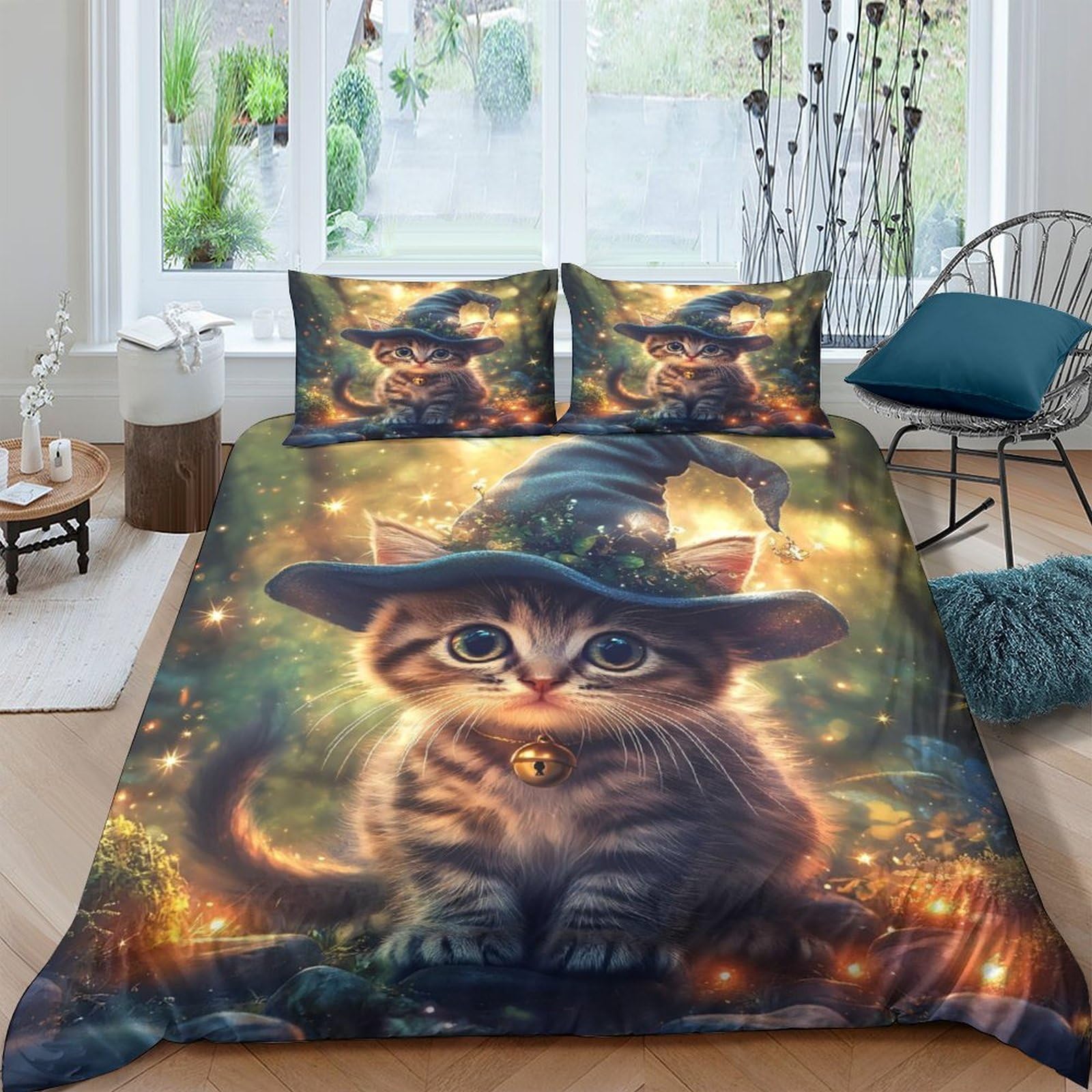 Ctjqhvkz Style-8 3D Printed Magic Cat Fitted Sheet Microfiber Soft Breathable Witch Hat Bed Cover For Bedroom Dorm Mattress Protection Decor Single（135X200cm）