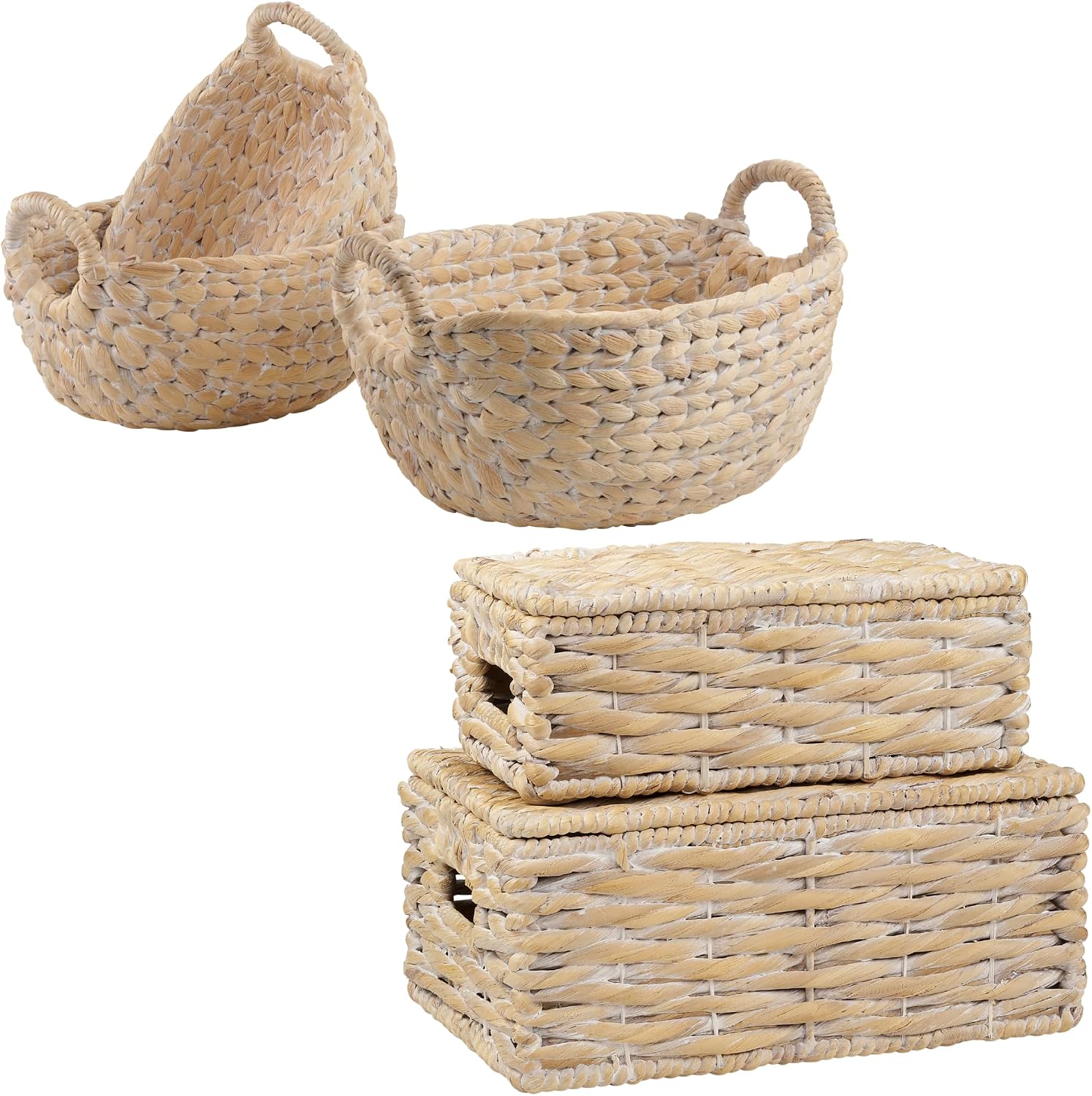 Set of 3 Wicker Storage Baskets with Handles and Set of 2 Decorative Storage Boxes with Lids, White