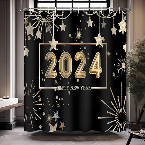 Miniatura 3 de Cortina de ducha con texto en inglés Happy New Year 2024 para baño, juego de cortina de ducha de tela impermeable con 12 ganchos, 72 x 72 pulgadas