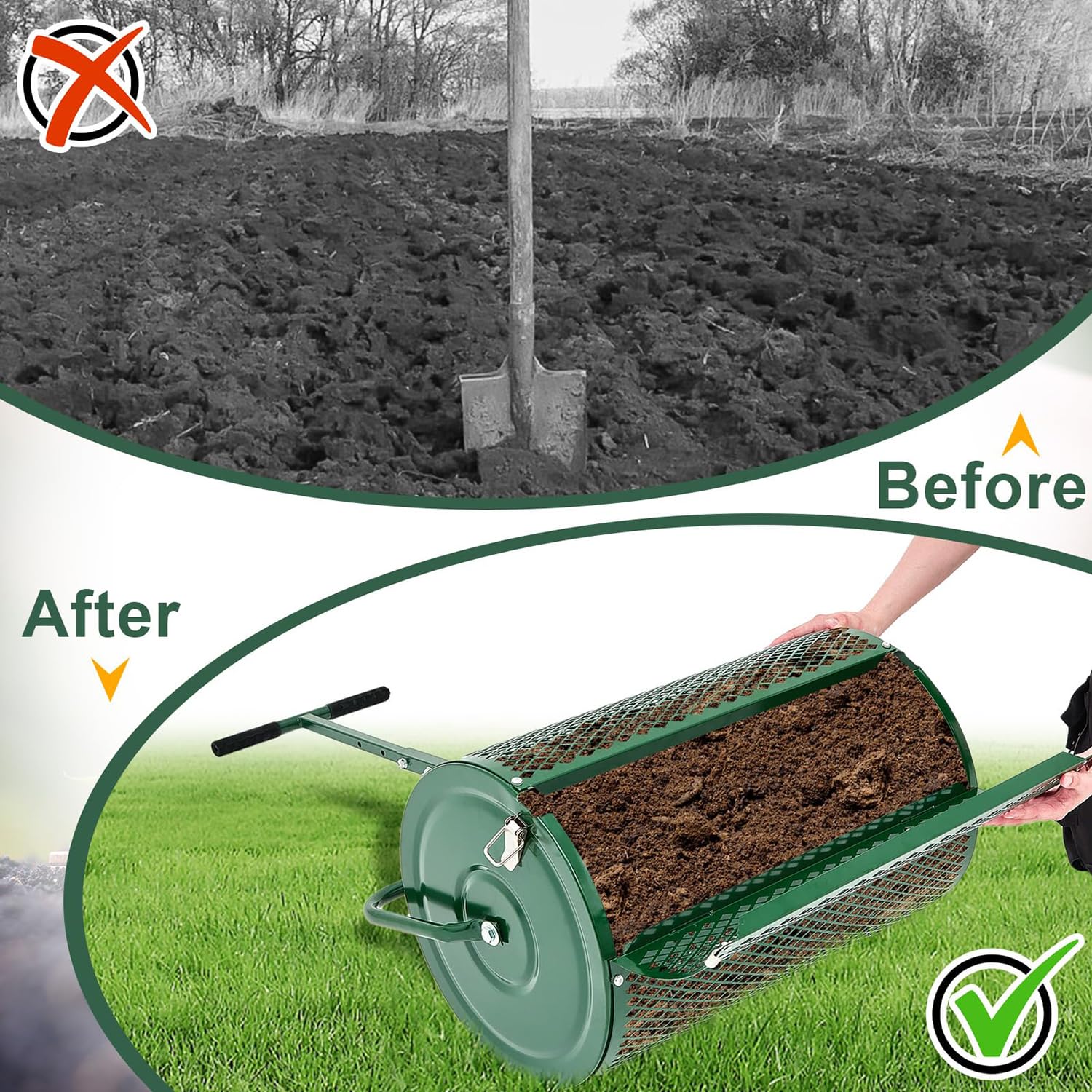 Esparcidor de compost, malla de metal duradera con mango en forma de T, herramienta ligera y eficiente para el cuidado del césped y el jardín, ideal para plantar y sembrar