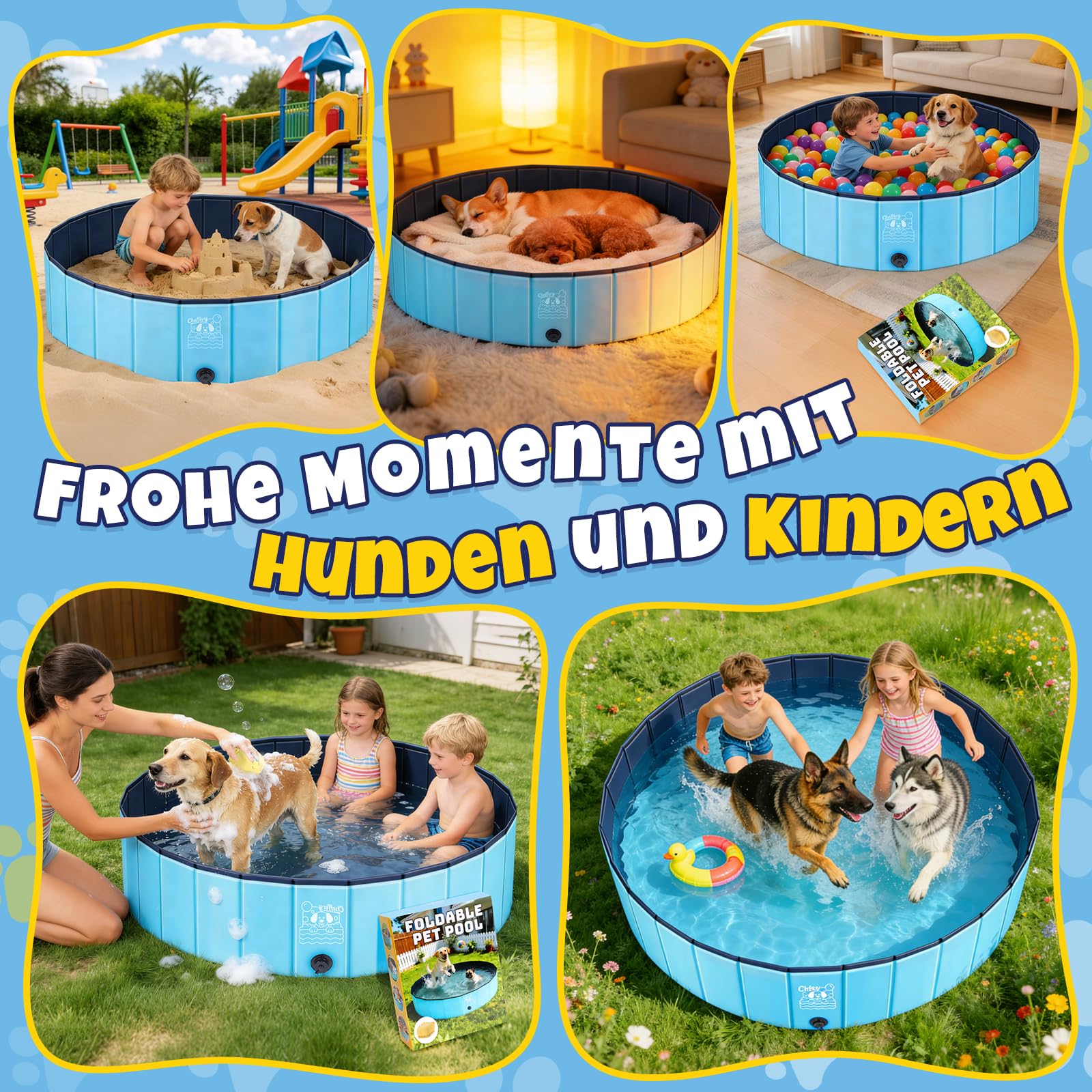 JONRRYIN Hundepool 160 x 30cm, Faltbare Hundeplanschbecken für Große & Kleine Hunde, rutschfeste und Verdickt Hunde Pool mit Badebürste, Flicken und Ablassventil für Katzen und Kinder