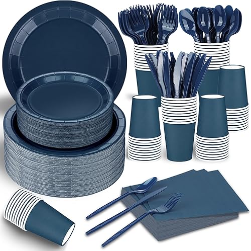 TWOWYHI El juego de 228 piezas de suministros de fiesta azul marino incluye platos de papel, vasos, servilletas de papel, cucharas de plástico,