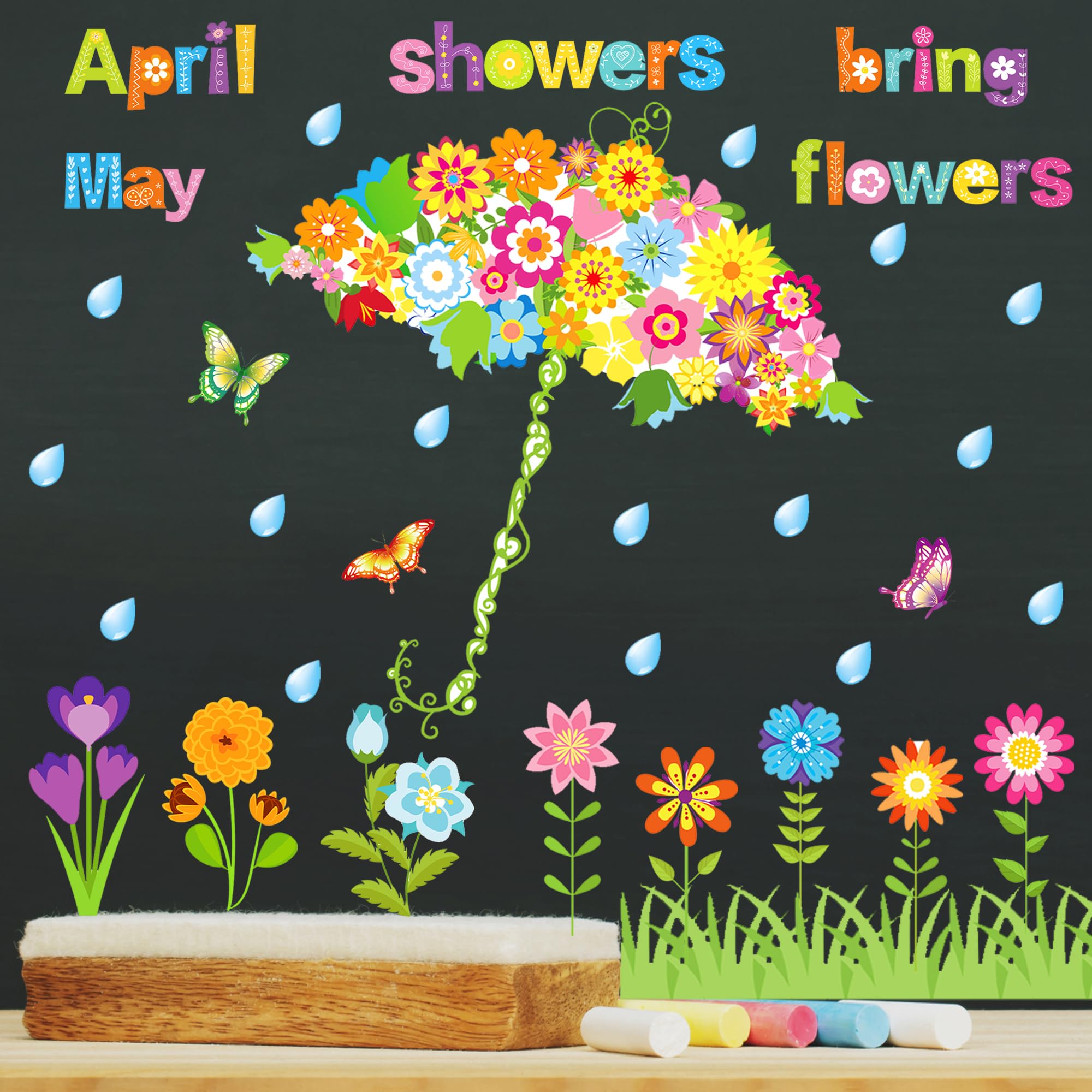 Faccito April Showers Flowers Classroom Decor 72-Piece Spring Bulletin Board Decorations Set - April Showers Bring May Flowers Classroom Decor With Borders Teacher Classroom Supplies