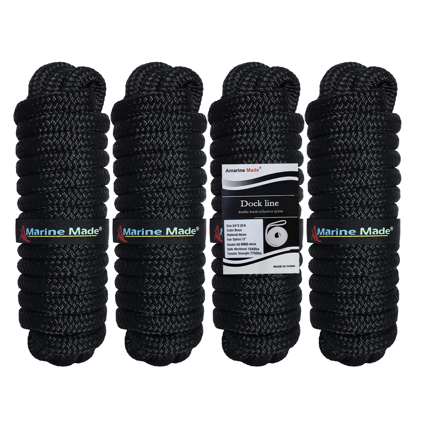 Amarine Made 5/8” X 20’ Dock Lines, 4pcs Boat Dock Lines,15” Eyelet Double-Braided Boat Lines with Loop Docking 1540lbs Working Load, Nylon Dock Ropes