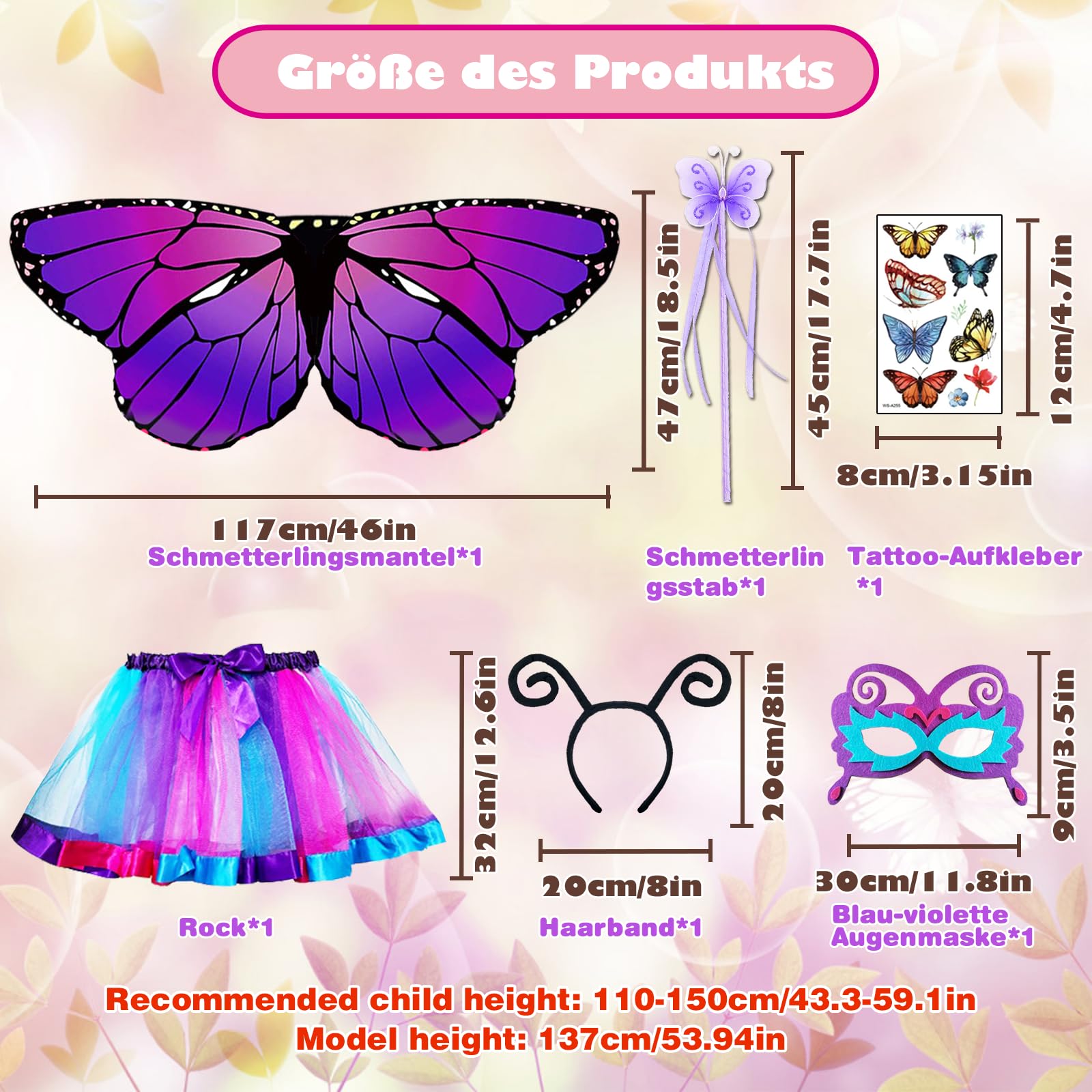Costume da farfalla per bambini, con ali di farfalla per bambini, con gonna, personale, maschera per gli occhi e farfalla, set da principessa, costume da carnevale