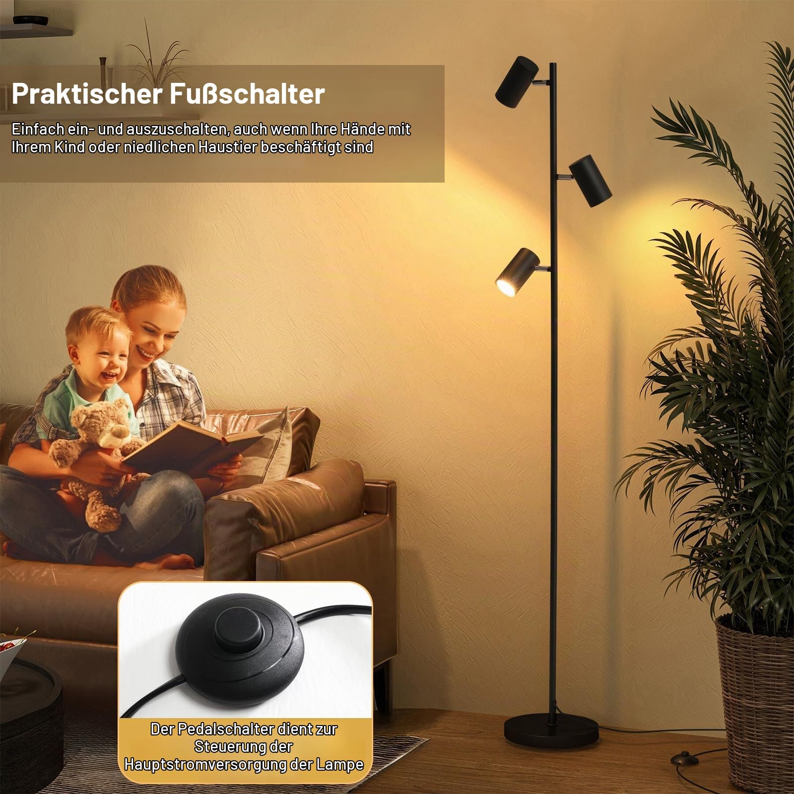 Stehleuchte Luvio 3-flammig GU10 | Schwarz, Minimalistisches Design, Verstellbare Strahler | Ideal für Wohnzimmer, Schlafzimmer und Home-Office