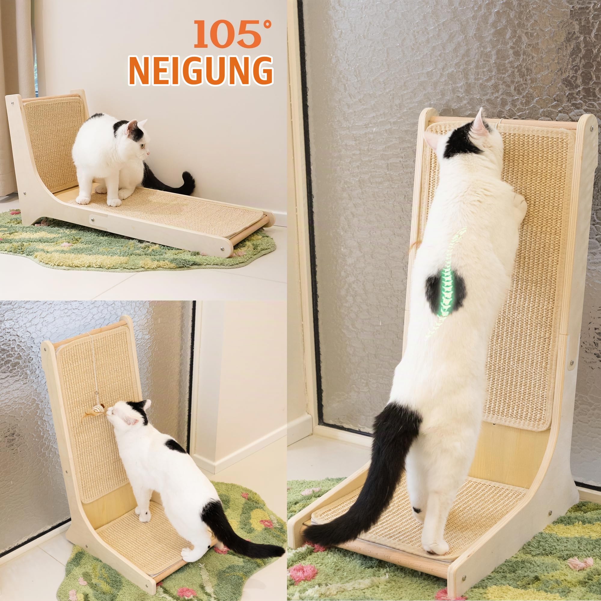 PETKARAY Sisal Kratzbrett Katze, 66 cm L-förmige Kratzbrett, 105° vertikale Kratzfläche, Kratzmöbel mit Katzenspielzeug, Katzenkratzbrett für Wand und Ecke