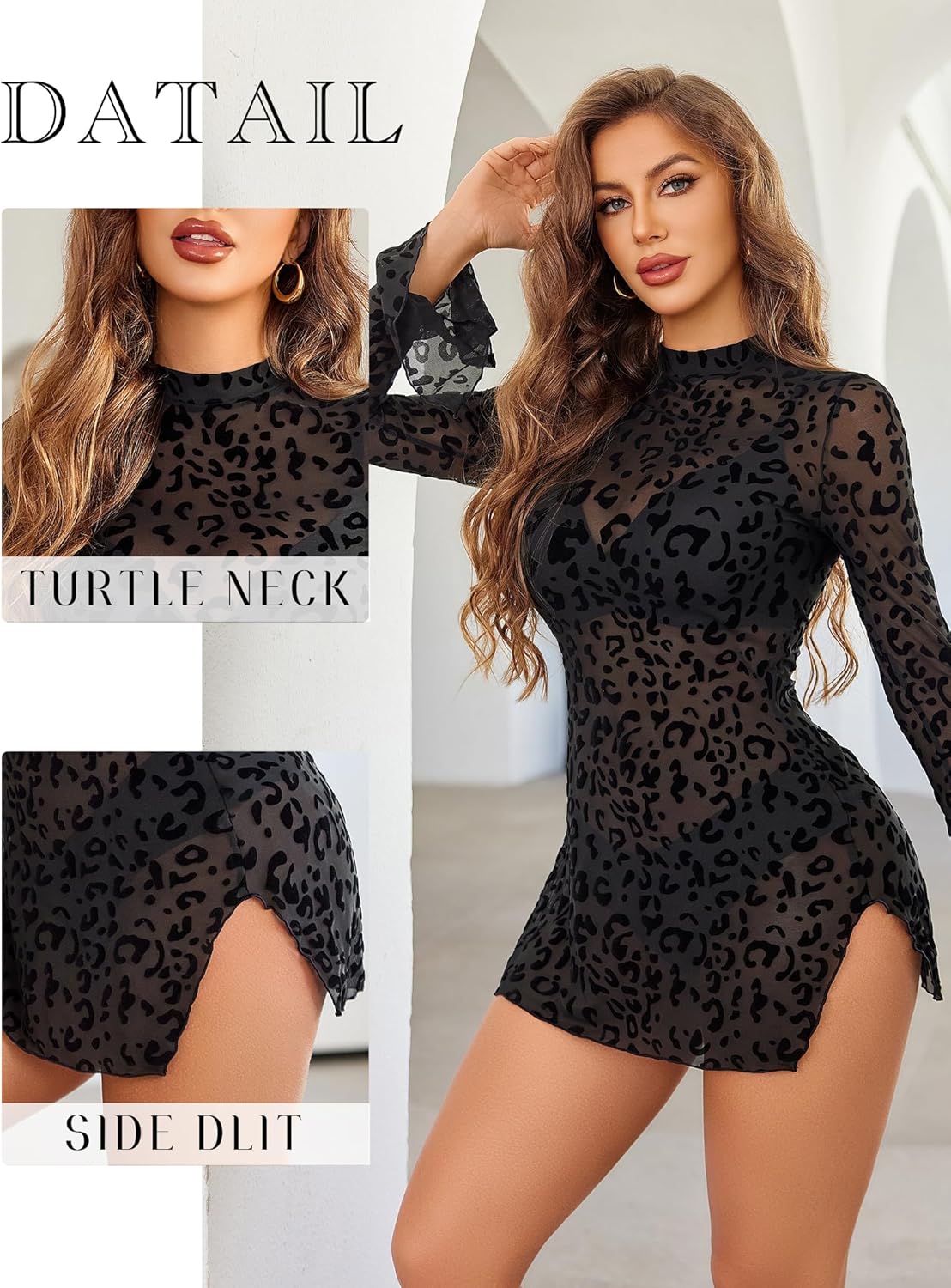 Avidlove Mesh Mini Dresses for Women Bell Sleeves Bodycon Turtle Neck Split Lingerie Dress Vacation Party Outfits Clubwear - Image 4