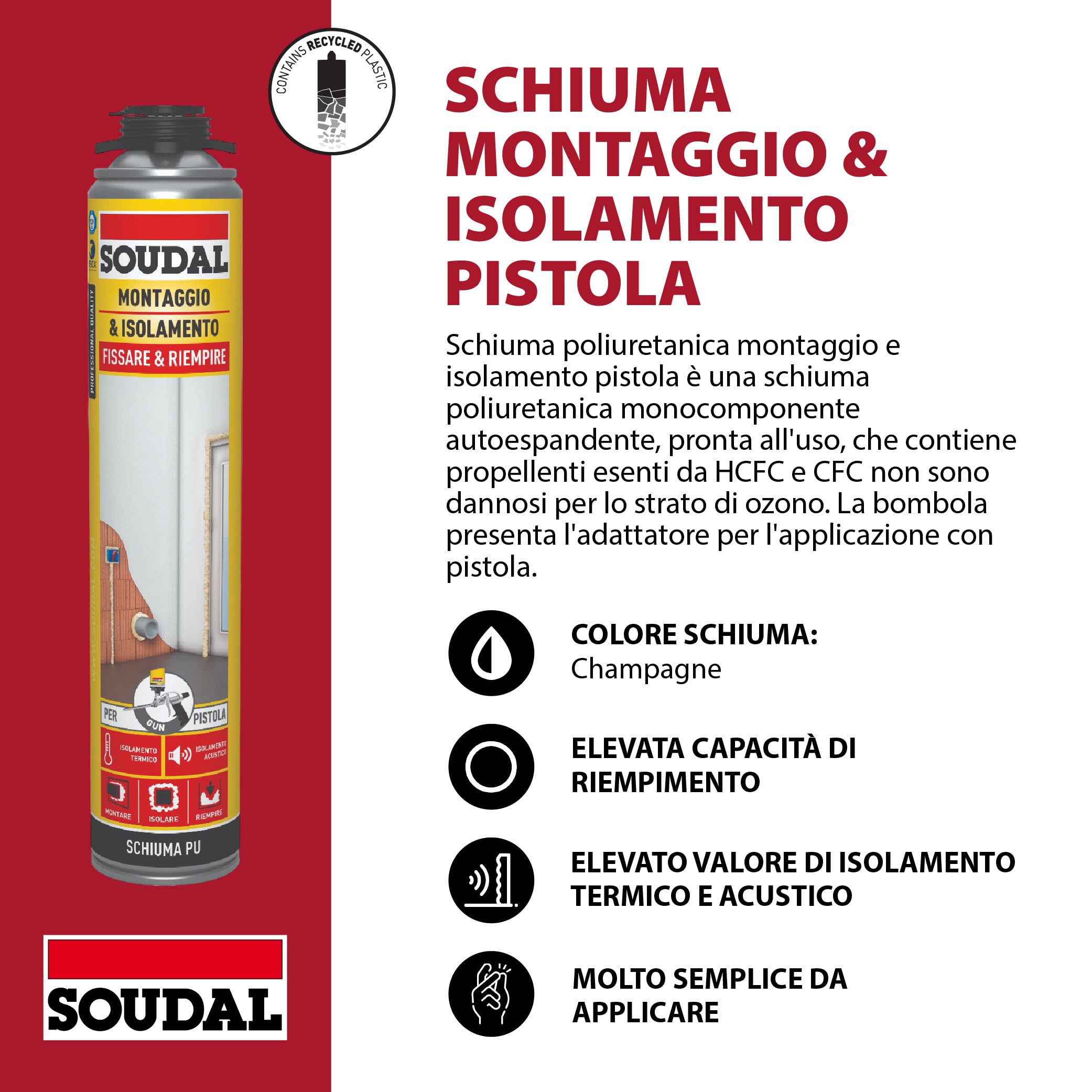 Soudal, Schiuma Montaggio & Isolamento Pistola, 12x750ml, Champagne, Espansione Elevata, Per Riempimento e Fissaggio, Ideale per Isolamento Termico e Acustico