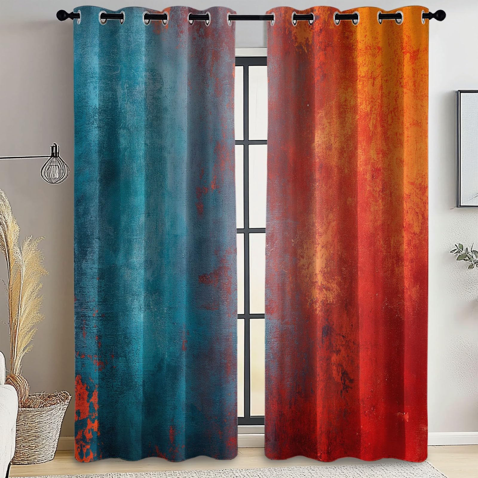 Rideaux Isolants 110L X 215H cm (2 Panneaux), Design Texture Rouille Vintage Tenture Opaque Anti-Chaleur pour Chambre Principale, Bleu Rouge