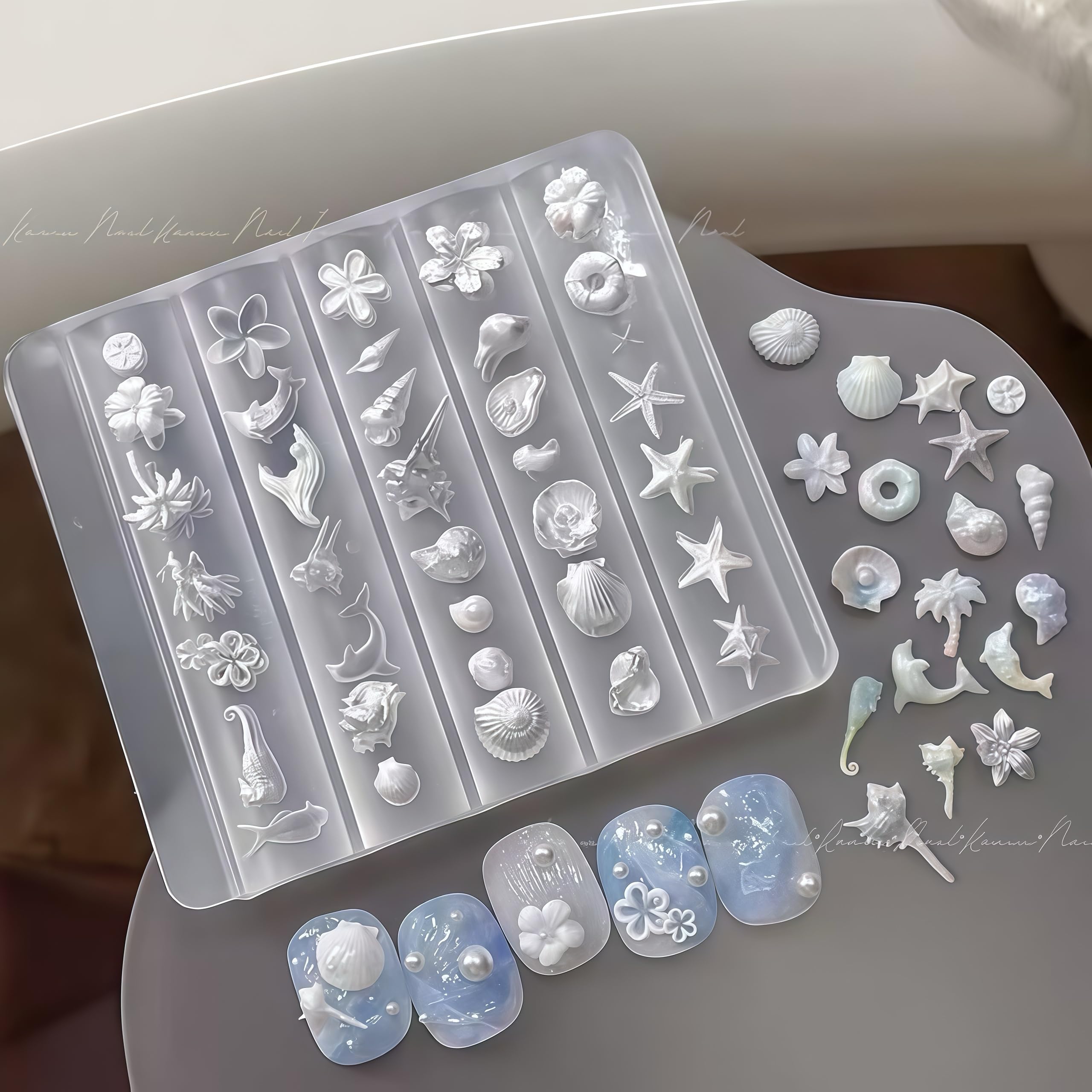 Moule en 3D Ongle, 3D Nail Mold, Gaufrage 3D Moule à Ongles, Moules de Coulée Résine Accessoires DIY Ongles, Différents Motifs, pour Nail Art Fournitures DIY, Charme (style océanique)