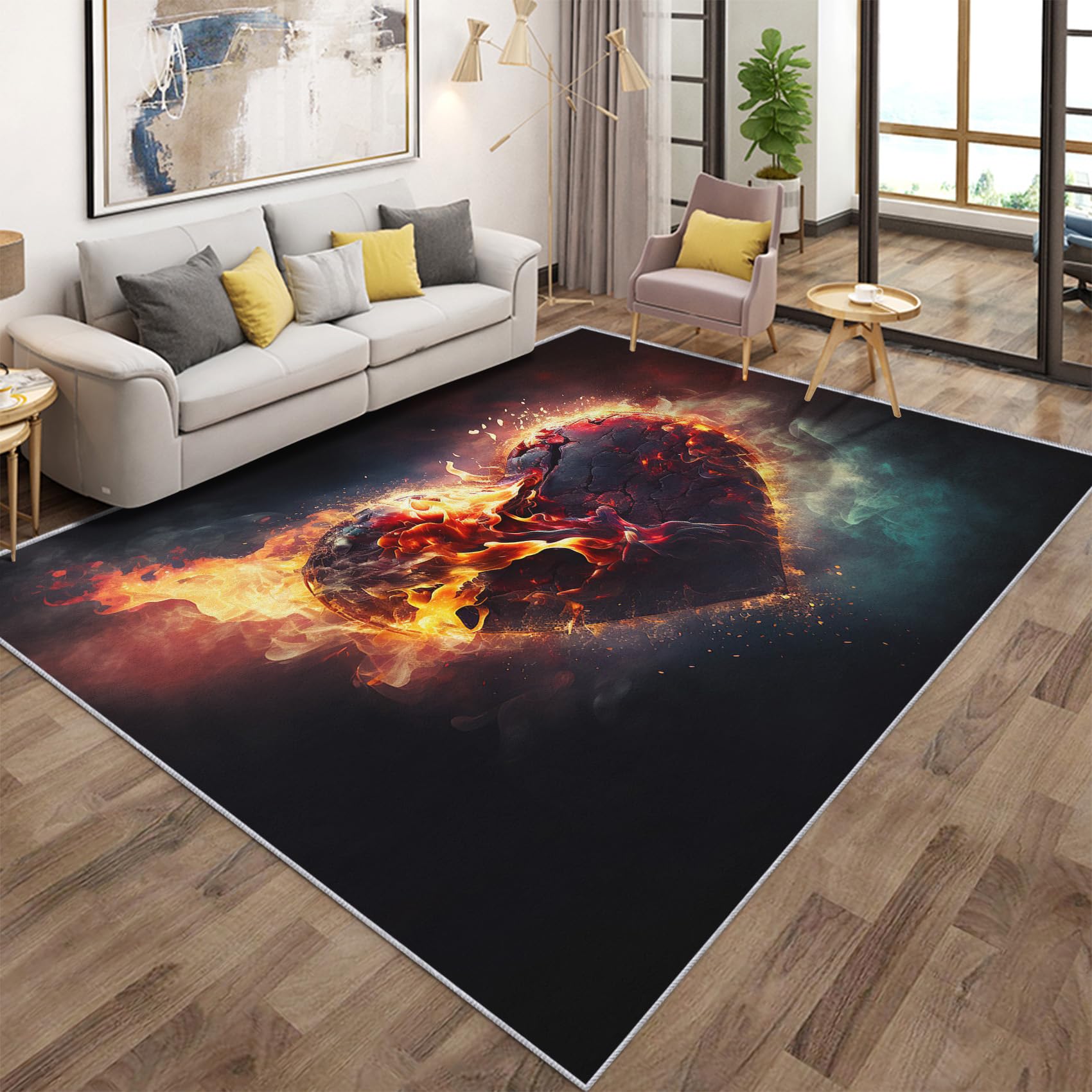 Tapis salon cœur enflammé 140x200cm tapis imprimé abstrait lavable