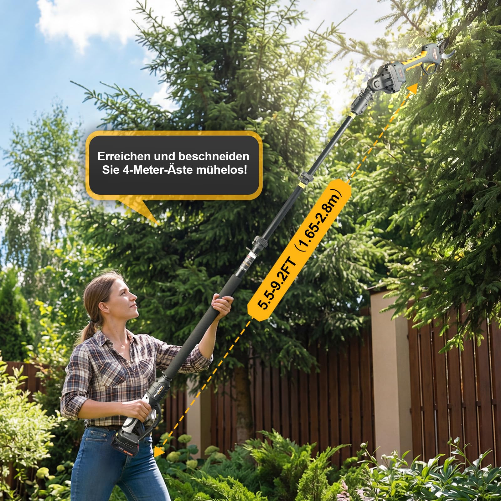 Akku Astschere 50mm mit Verlängerungsstiel für Baumpflege | professionelle Akku Gartenschere mit Verlängerung, 1,3–2,5m Teleskopstiel, Für hohe Äste und präzise Baumschnitte