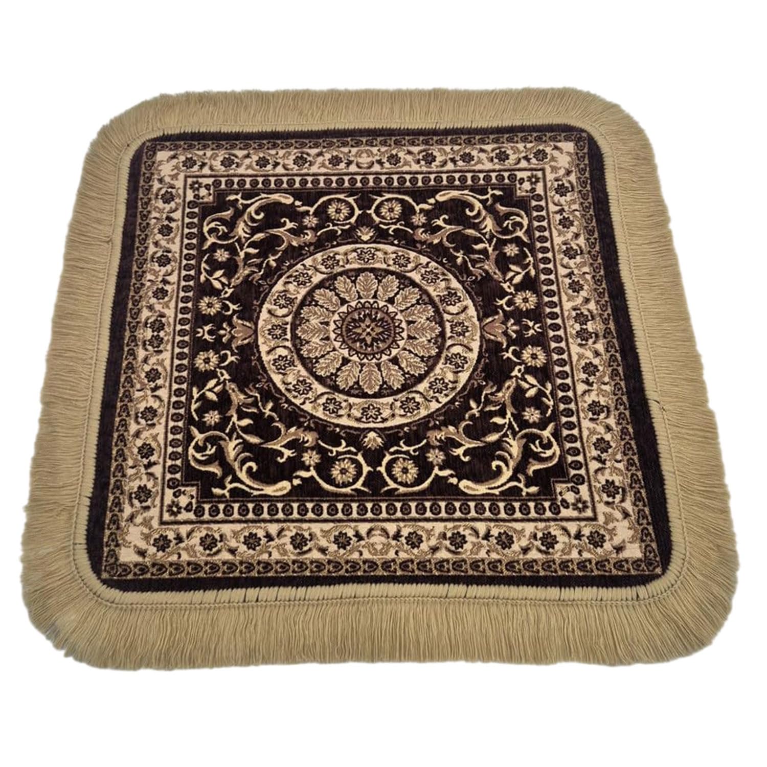 Soft Chenille Prayer Mat | 2x2 Feet Traditional Mandala Floral Pooja Aasan with Golden Fringes | Multipurpose Square Rug for Meditation, Yoga, Puja Room & Home (Pack of 2, Brown)-image-11