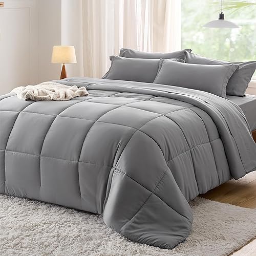 Bedsure Full Size Comforter Set - 7 Pieces Solid Full Bed in a Bag, Full Bed Set Grey with Quilted Warm Fluffy Comforters, Sheets, Pillowcases &