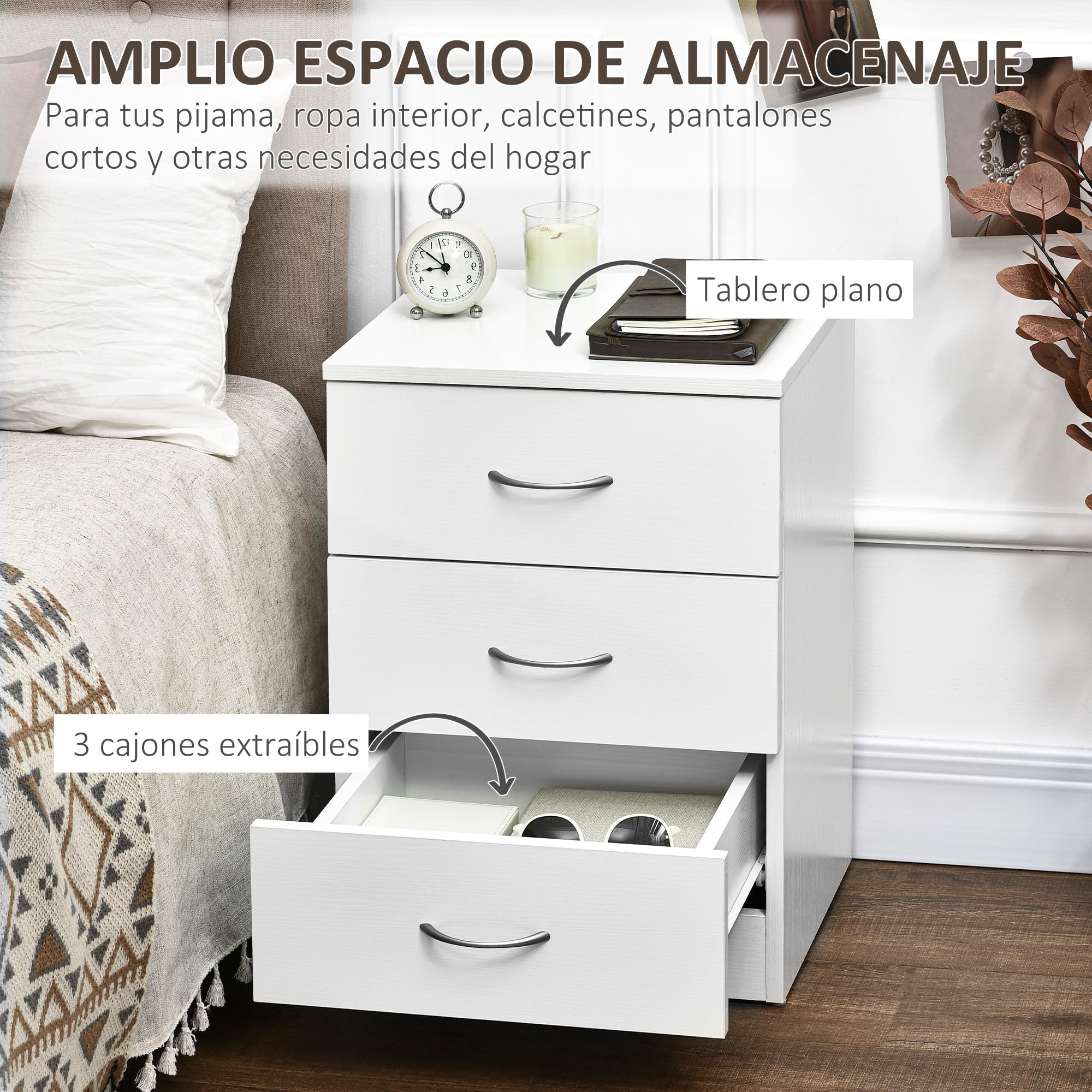 HOMCOM Conjunto de 2 Mesitas de Noche Modernas Mesillas de Noche con 3 Cajones Mesitas Auxiliares para Salón Dormitorio Carga 50 kg 40x35x58 cm Blanco