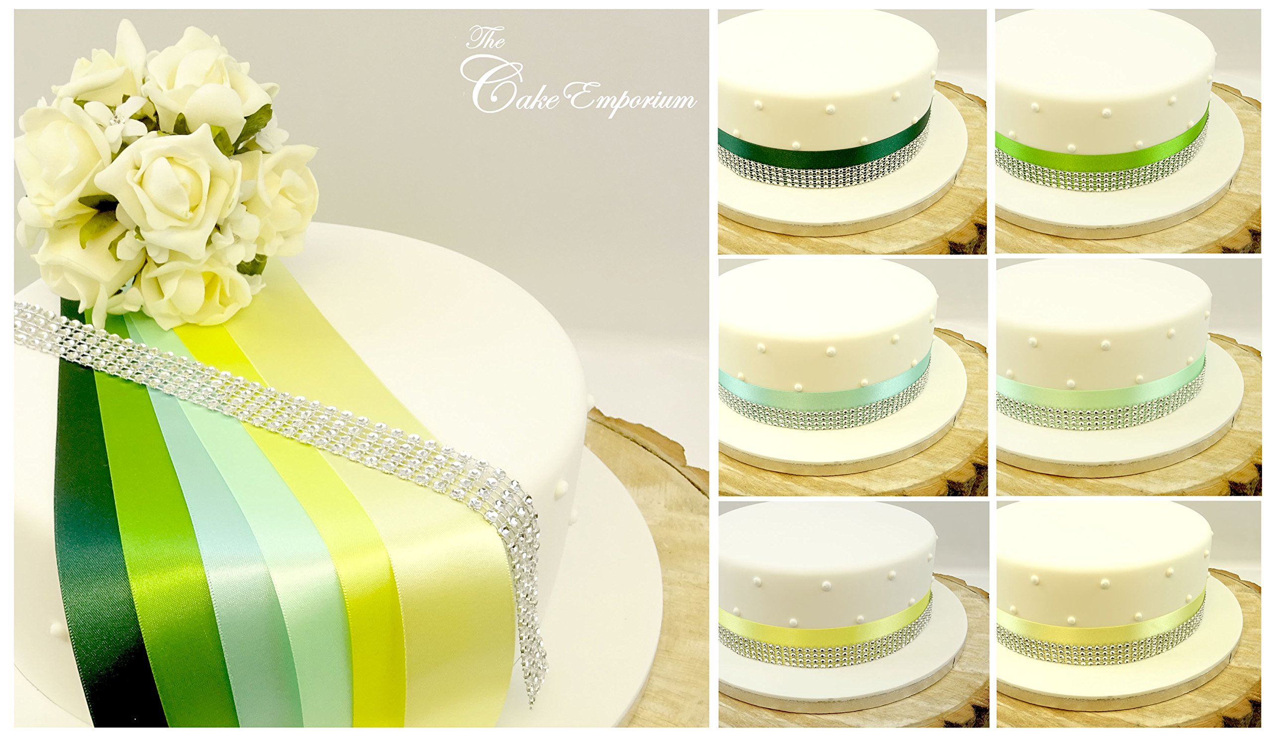 The Cake Emporium Ltd Pale Lemon 1 Metre Satin Ribbon 35Mm & 4 Row Diamante Effect Cake Trim Birthday & Wedding Cake Decoration Topper Shades Of Lemon & Green (Pale Lemon)