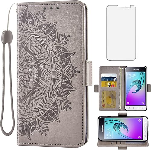 Asuwish Compatible con Samsung Galaxy J1 2016Amp 2Express 3Luna Funda tipo cartera y protector de pantalla de vidrio templado, tarjetero con correa