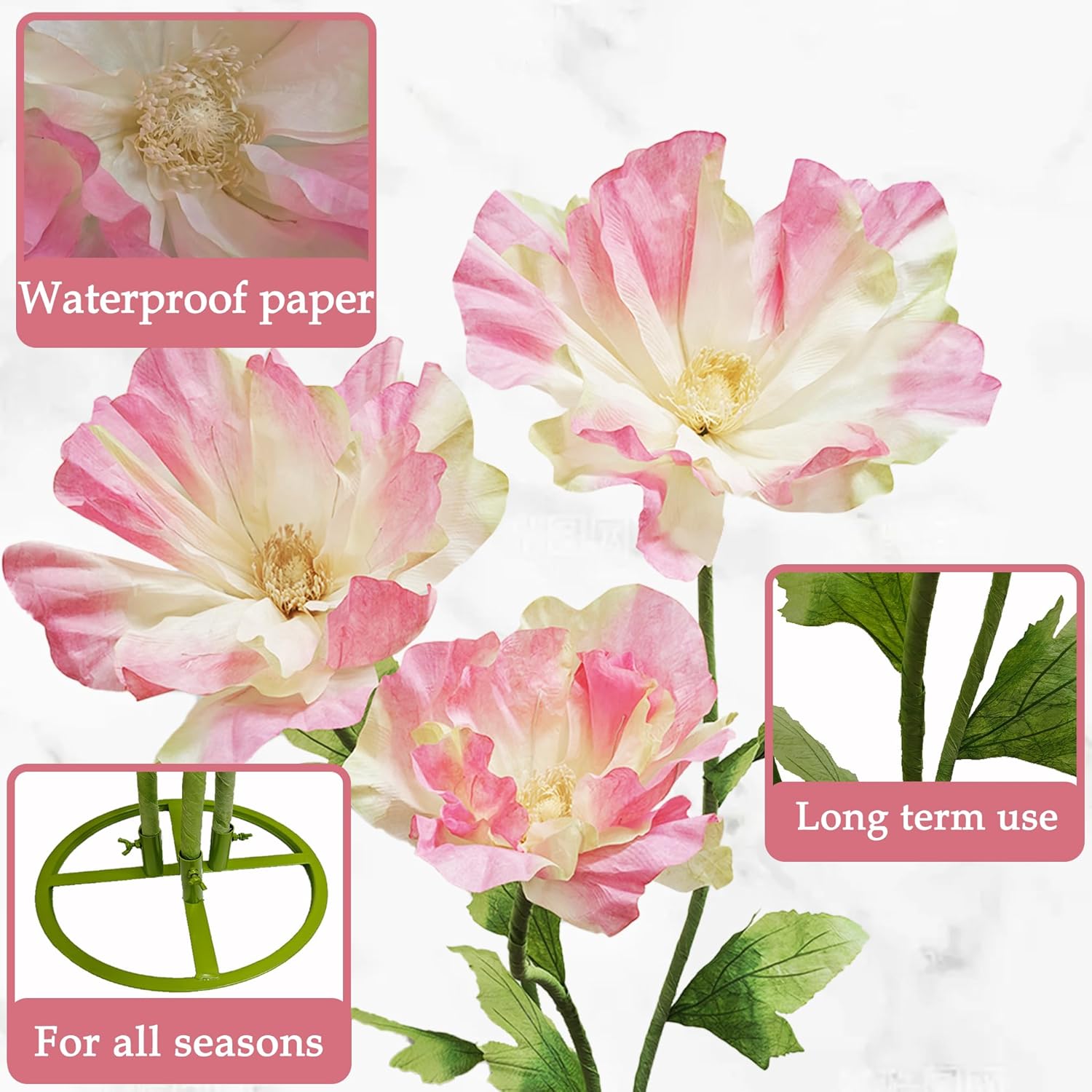 3PCS Pink Giant Peony Artificial Flower Indoor Decor- Large Foldable Fake Flowers Waterproof Paper Decorative for Garden Home Shopping Mall Event Background Decoration