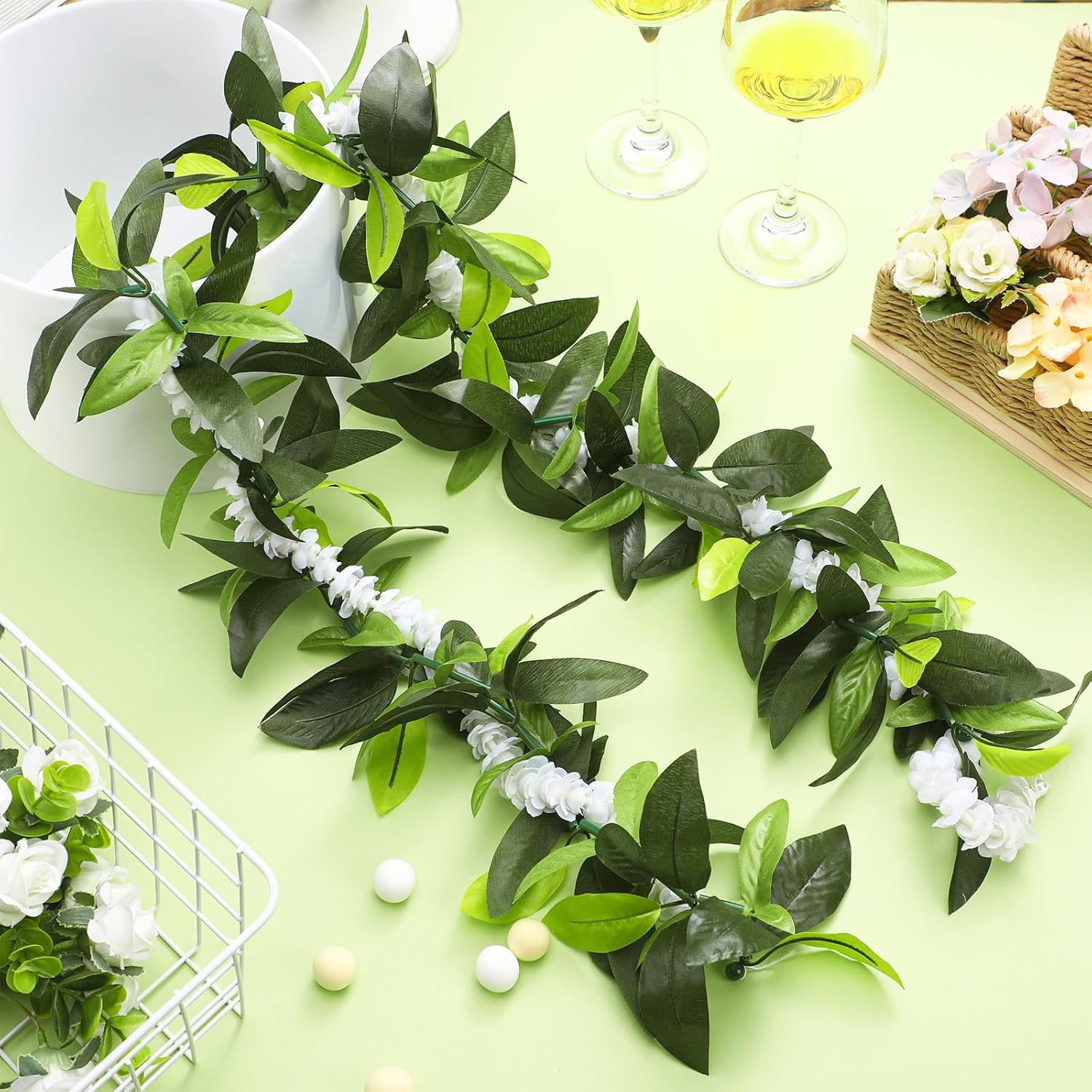 Thiccywoov 2 Pcs Hawaiian Luau Maile and Pikake Lei Graduation Lei Hawaiian Maile Lei Artificial for Wedding Graduation Party, 4.9 ft