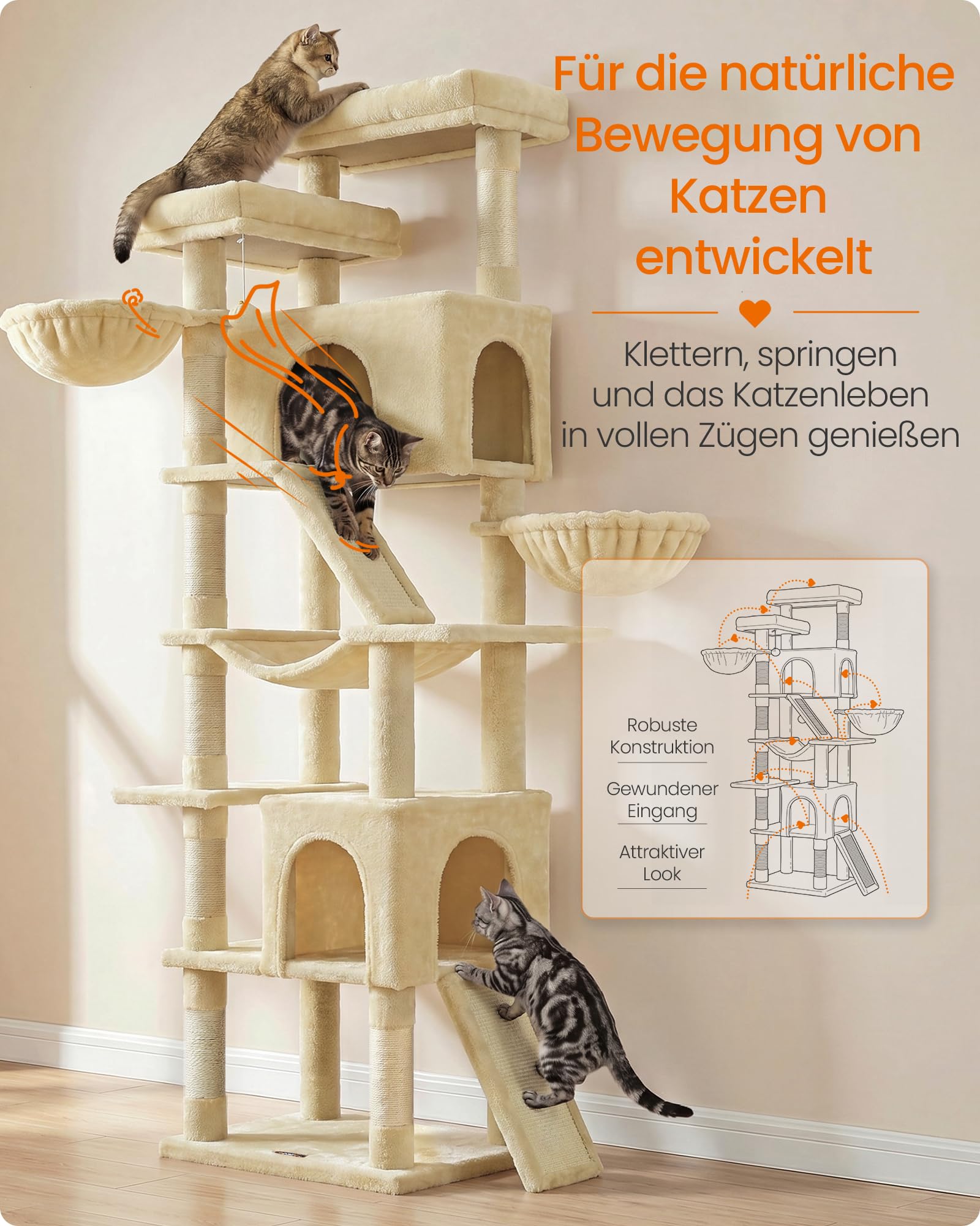 Feandrea Kratzbaum groß, XXL Katzenbaum mit Kratzbrettern und Sisal, Kletterbaum für Große Katzen, 55 x 45 x 206 cm, Beige, für Mehrkatzenhaushalt, Clawfy Kollektion PCT021Y101