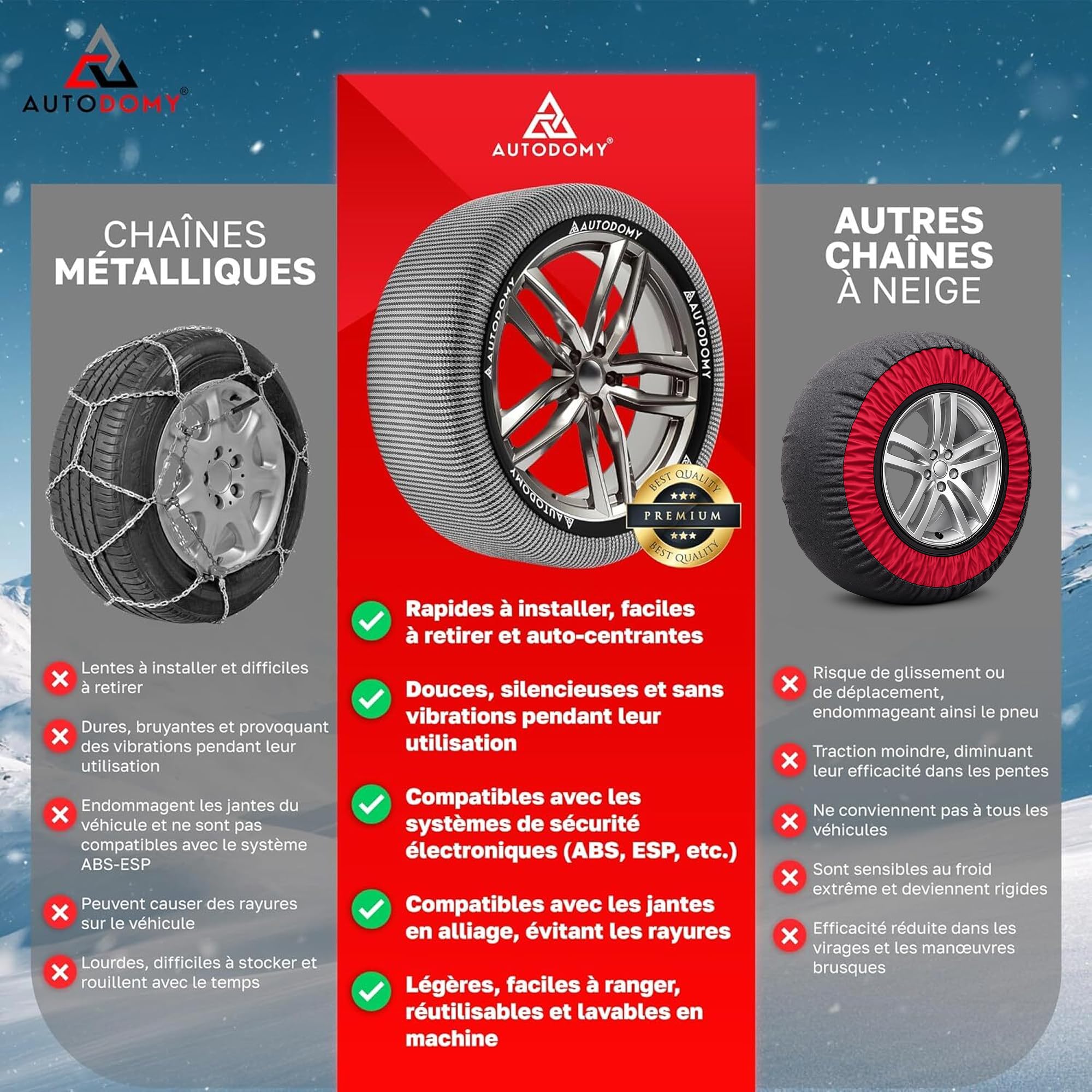 Autodomy Chaussette Pneu Neige Taille XL Compatibles avec Tous Les Pneus | Chaussettes Neige Voiture Homologuées | Chaussettes a Neige Pneus Faciles et Rapides à Installer Lot de 2