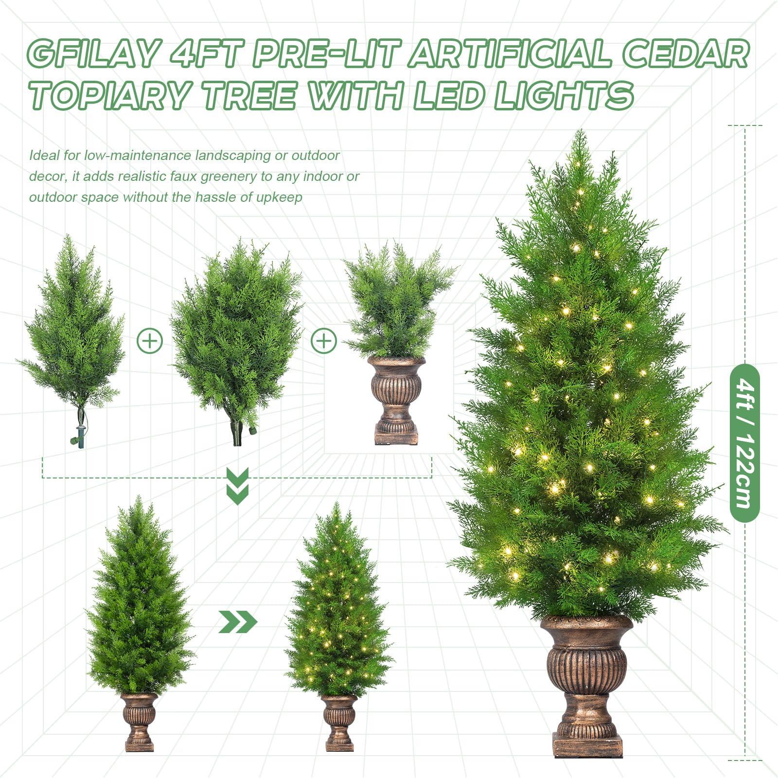 Lot De 2 Arbustes De Cèdre Artificiels De 56,9 Cm Pour L'extérieur – Faux Buissons Résistants Aux UV Avec Piquet Au Sol, Plantes D'extérieur Réalistes En Polyéthylène, Sans Entretien Pour Jardin