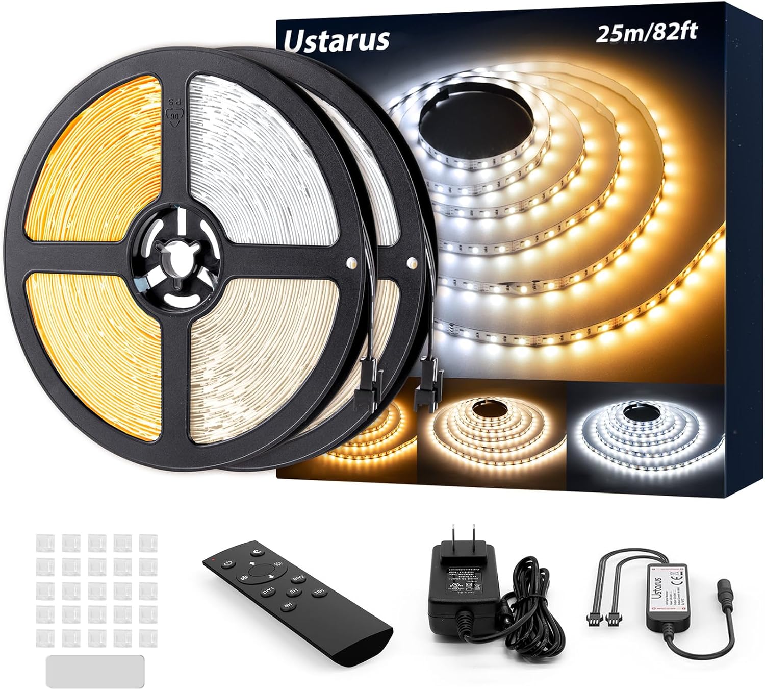 White LED Strip Lights 82ft 24V Dimmable 3000K-6000K LED Tape Rope Light with Remote Flexible 2835 LED Ribbon for Kitchen Under Cabinet Mirror Room Indoor Home Daylight Warm White