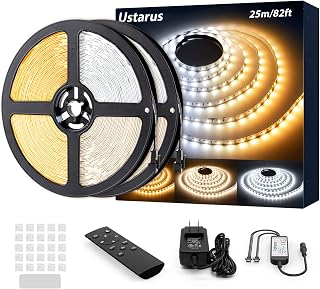 White LED Strip Lights 82ft 24V Dimmable 3000K-6000K LED Tape Rope Light with Remote Flexible 2835 LED Ribbon for Kitchen Under Cabinet Mirror Room Indoor Home Daylight Warm White