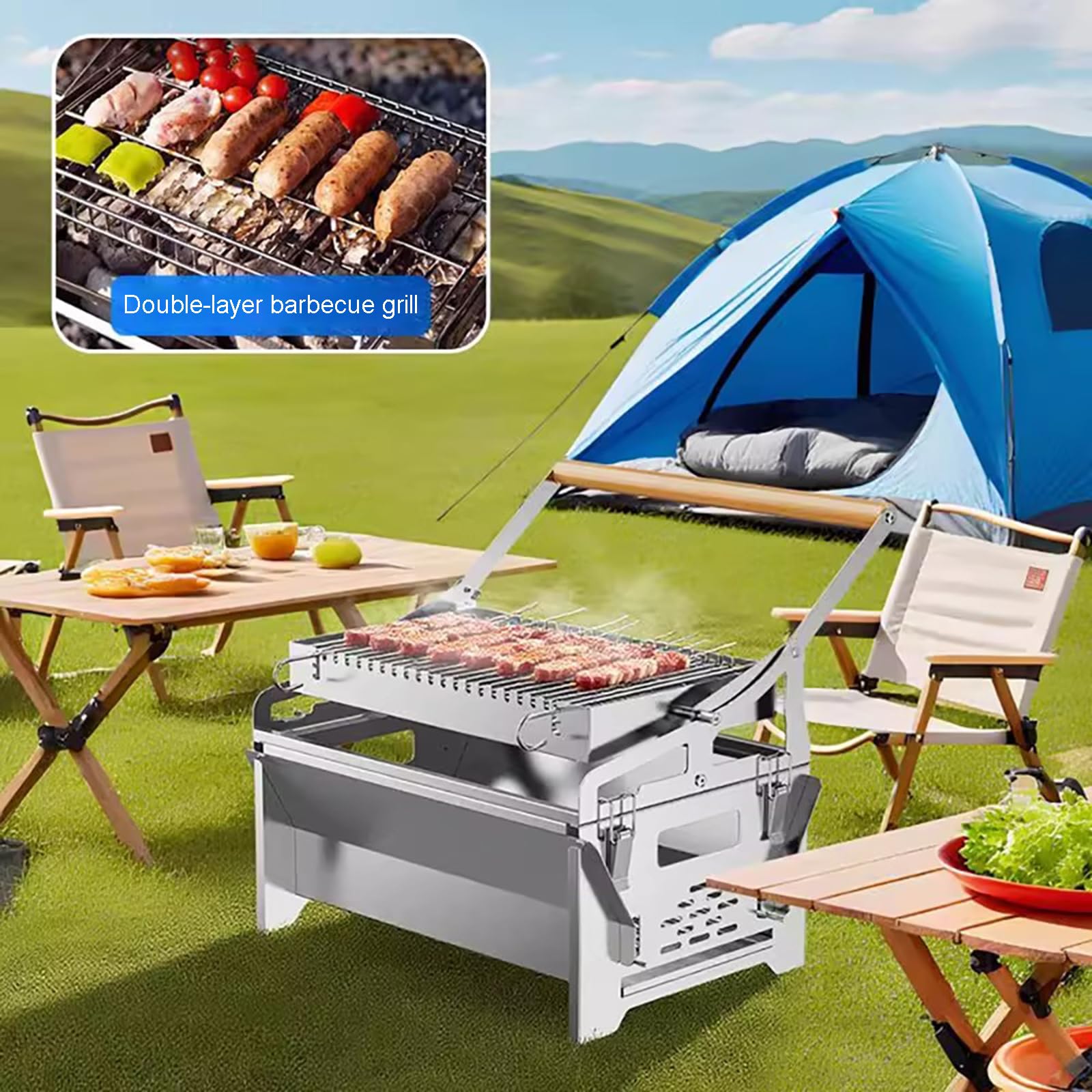 Barbecue Da Esterno, Griglia A Carbone Rotante A 360° Con Cestello Ribaltabile, Acciaio Inossidabile, Griglia Barbecue Portatile Staccabile, Per Campeggio Cortile Picnic Giardino Vacanze Feste Cucina