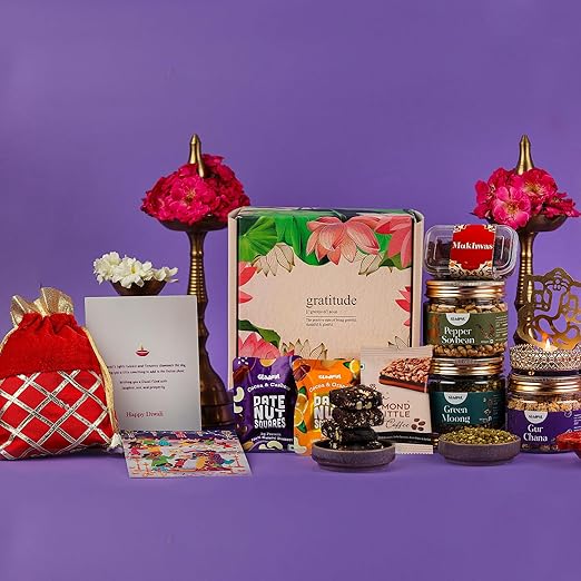 Gladful 10 Products Diwali Pink Floral Gift Hamper, Premium Healthy Gift Hamper, Roasted Legume Snacks, Dates Nut Sqaures, Chocolate Brittles, Ganesh Diya, Diwali Greetings Card