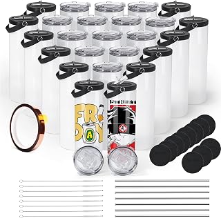 AGH 25 Pack Sublimation Tumblers 20 oz Skinny Straight Blanks, Sublimation Water Bottle With Whorl Double Lid, Portable Lid, Heat Tape, Holographic Box, Stainless Steel Straw & Clean Brush