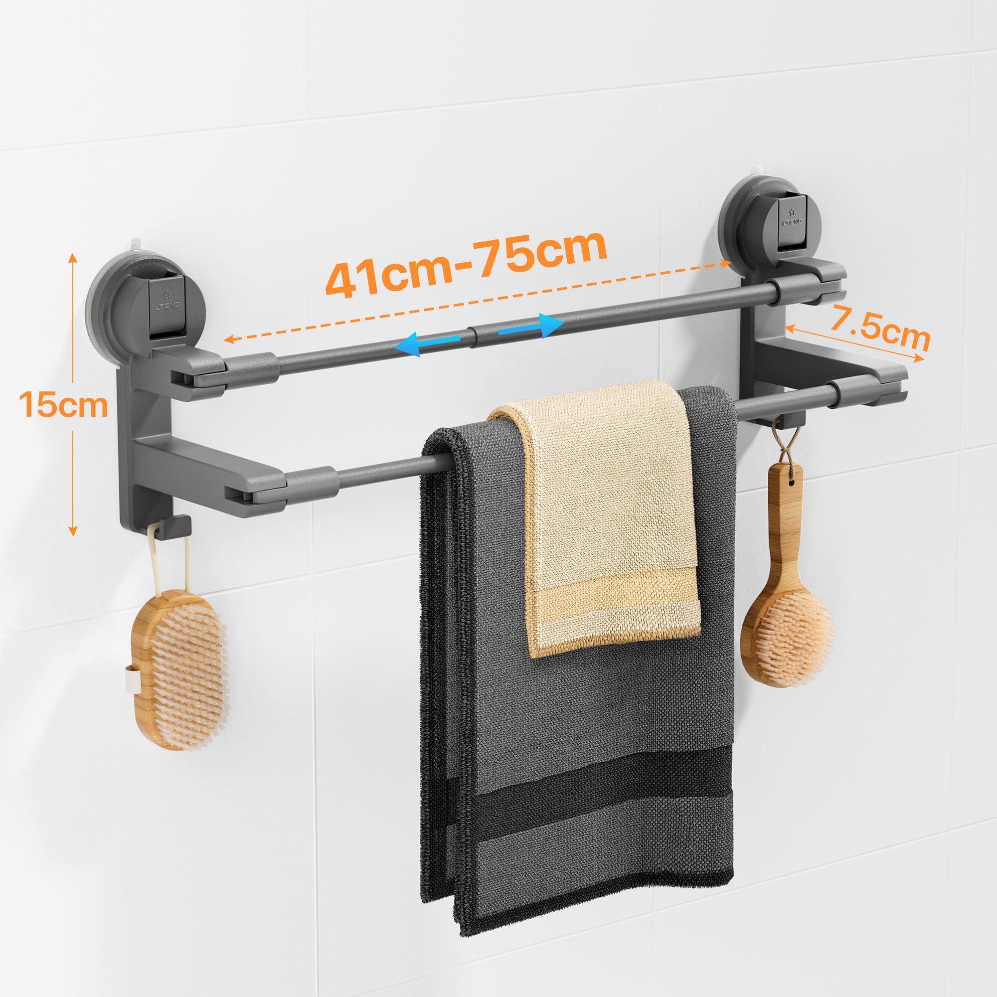 COCASES Toallero con ventosa sin taladrar, barra doble para mampara de ducha sin pegamento, con 2 ganchos para toallas y longitud ajustable para puerta de cocina, color gris oscuro, 41-75 cm