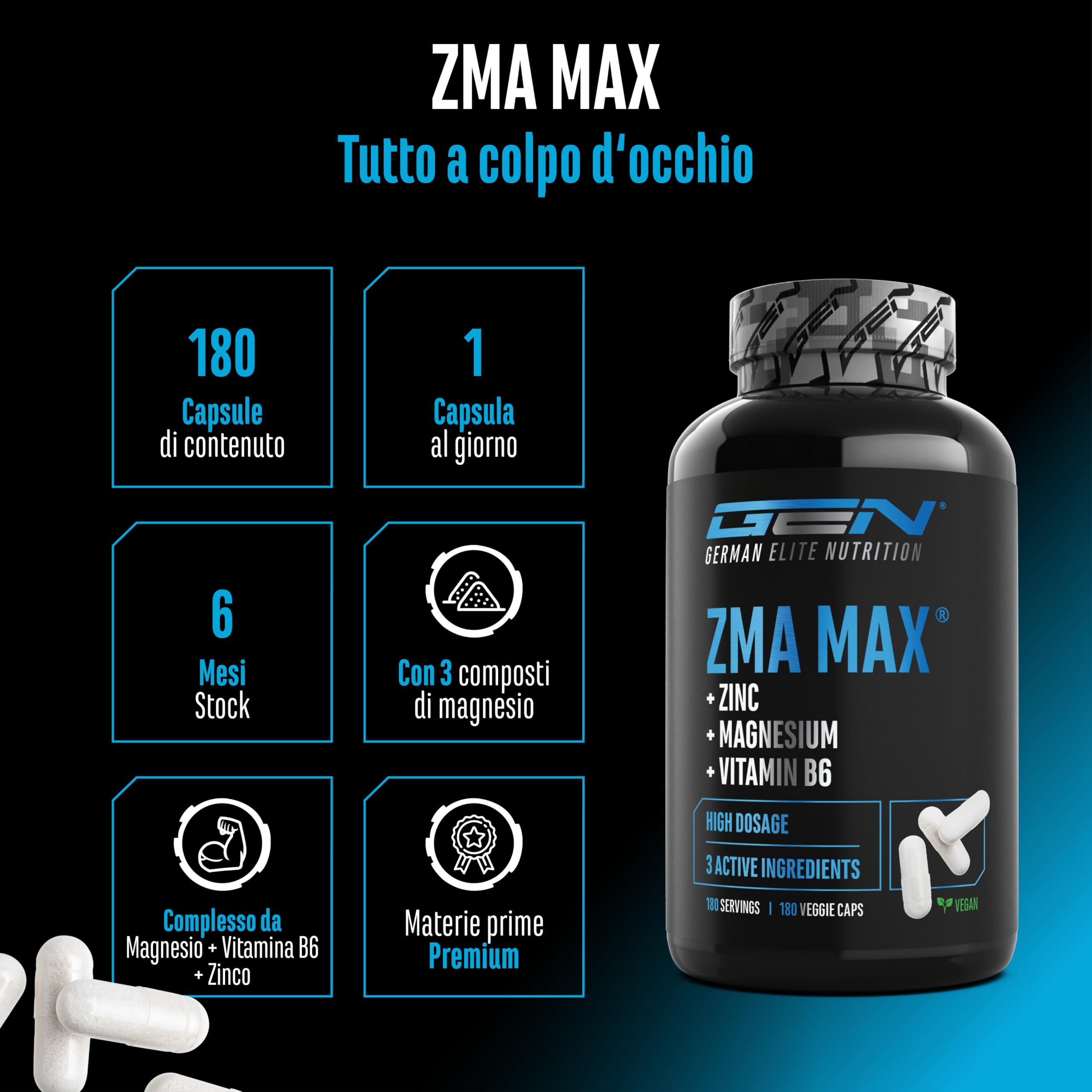 ZMA MAX - 180 Capsule - Dose extra alta - Zinco + Magnesio + Vitamina B6 - Premium: con 3 composti di magnesio - Vegan