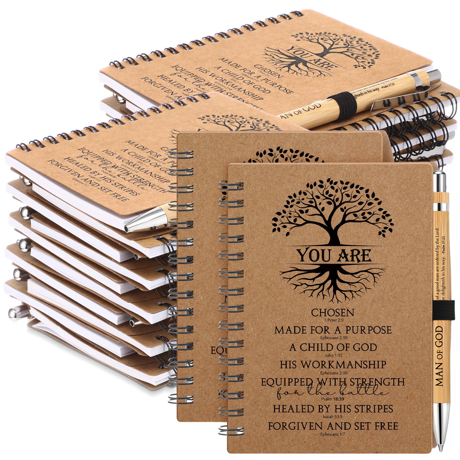 Sayglossy 20 Sets Father's Day Gifts Bulk for Church Man of God Spiral Kraft Notebooks and Bamboo Pens Bible Verse Journaling Bible Study Supplies Christian Religious Gifts for Men Dad Godfather