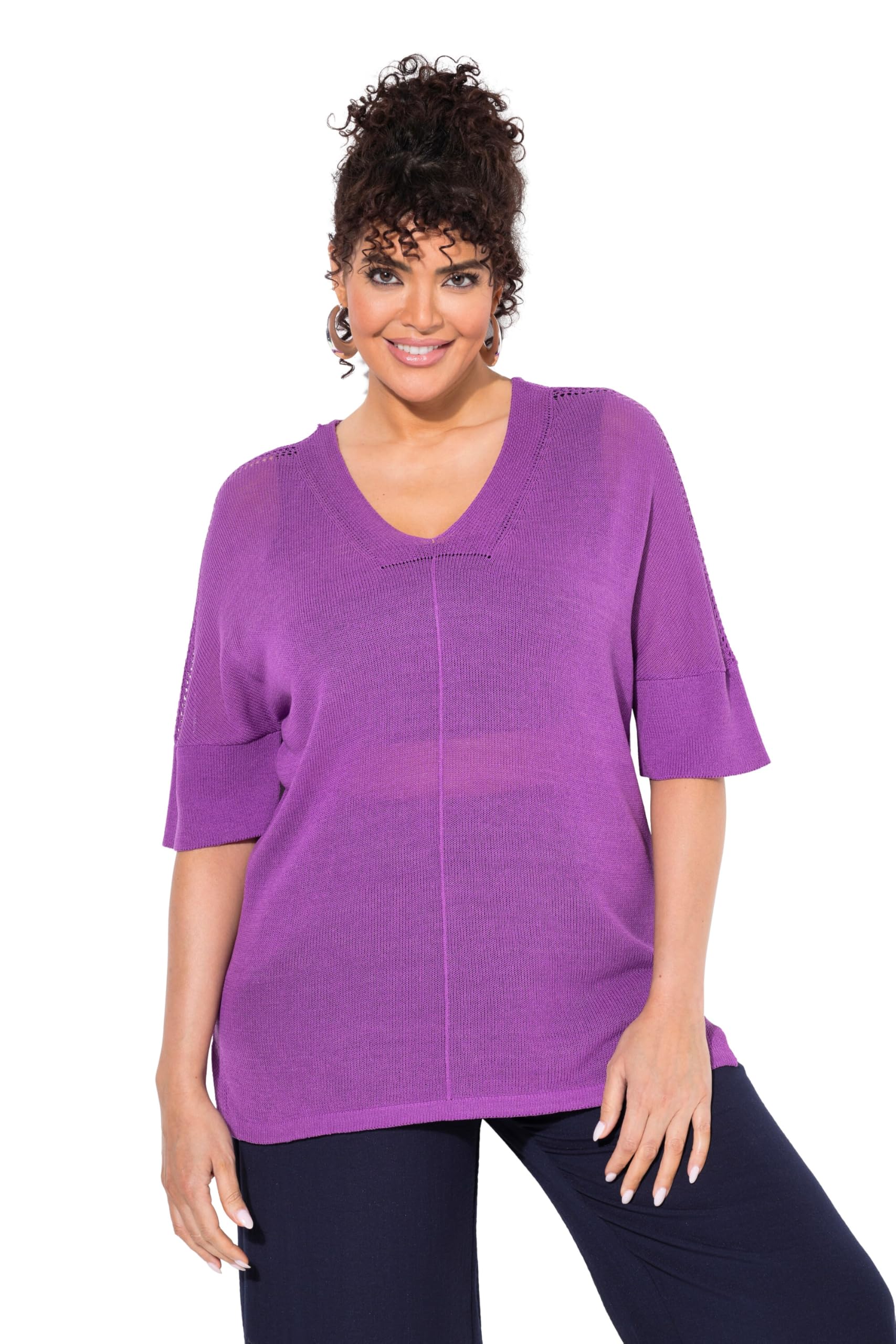 Ulla Popken Damen große Größen Übergrößen Plus Size Pullover, Ziernaht, Oversized, V-Ausschnitt, Halbarm 838313