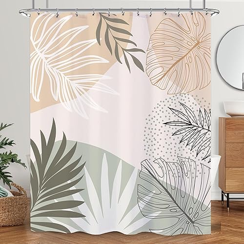 Cortina de ducha abstracta de estilo bohemio verde salvia de mediados de siglo, cortina de ducha para baño, juego de plantas bohemias, minimalista,