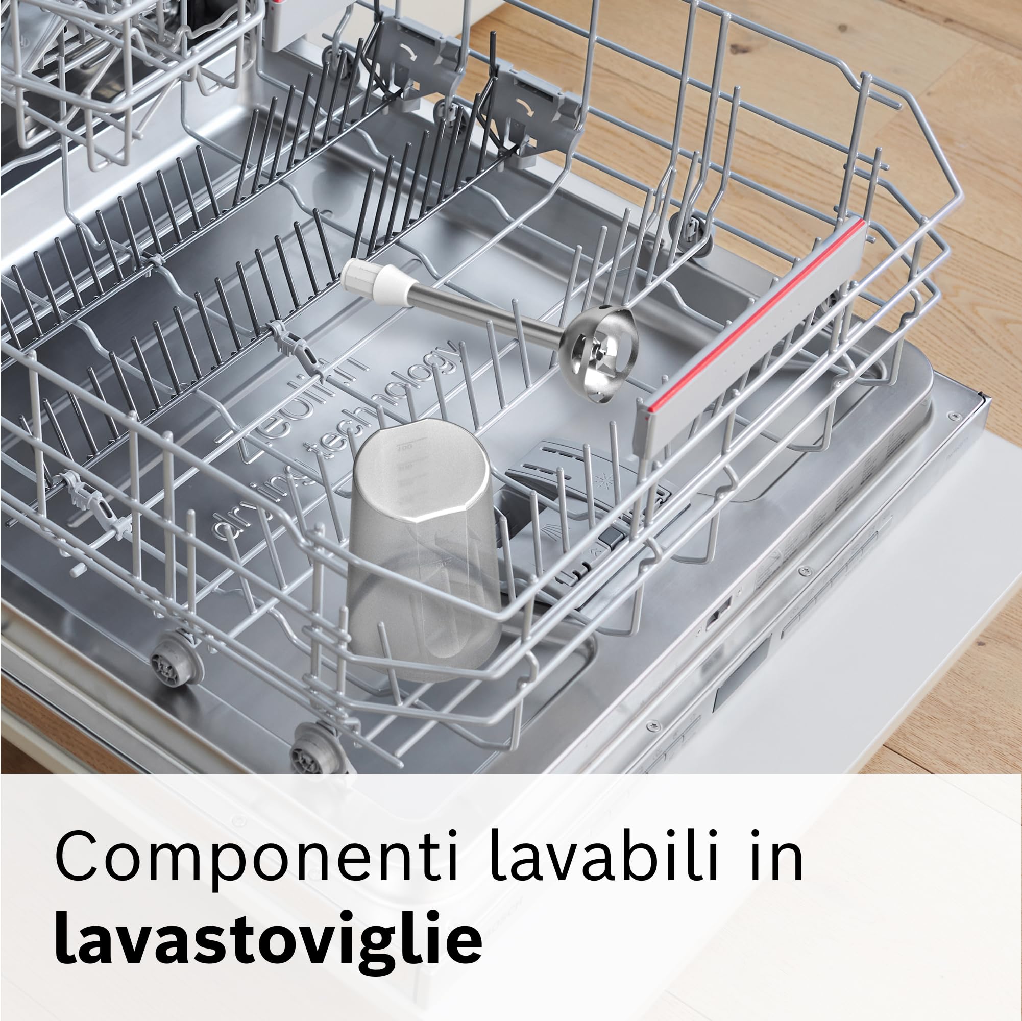 Bosch Frullatore a Immersione MSM64110, 450 W, Impugnatura Ergonomica, Piede in Acciaio Inox, Lama a 4 ali Acciaio Inox, Due Livelli di Velocità, Pratico Bicchiere Graduato Incluso, Bianco, Rosso