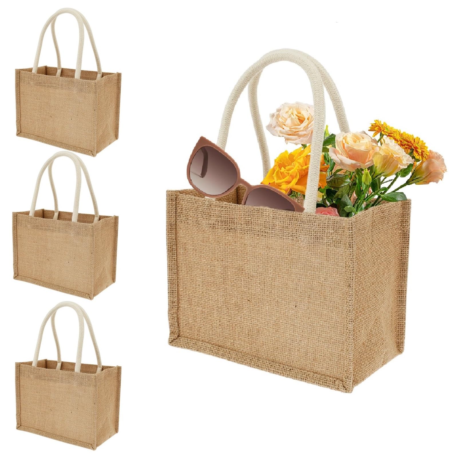 4Pack Burlap Tote Bags, 23×11x16cm Jute Gifts Tote with Handles, Small Beach Bags, Grocery Shopping Bag for Thanksgiving, Christmas, Bridesmaid, DIY, Shopping, Pool, Wedding(4Pack)